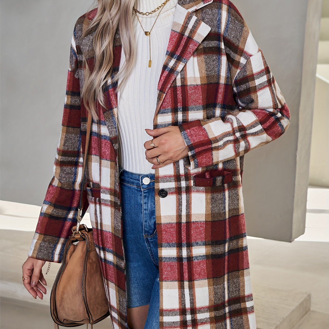 

Plaid Print Long Length Coat, Casual Button Front Long Sleeve Outerwear, Women's Clothing