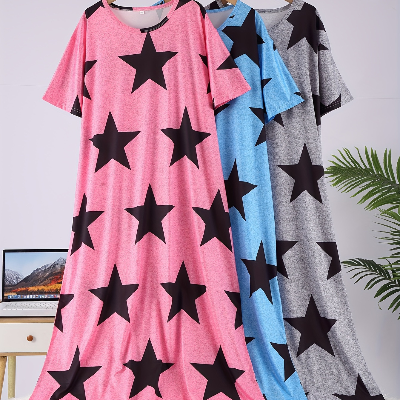 

3pcs Women's Casual Nightdress Set, Plus Size Star Print Short Sleeve Round Neck Tee Sleep Dress