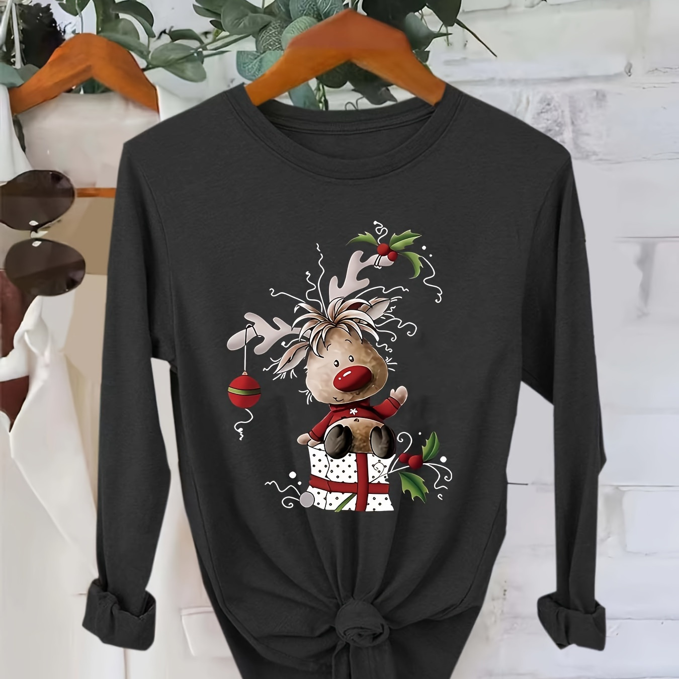 

Women's Long Sleeve T-shirt, Christmas Reindeer Print, Casual Round Neck, Polyester Knit Fabric, Regular Length, Fashion Top