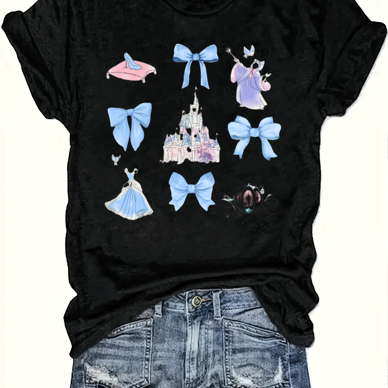 

Princess & Castle Graphic T-shirt For Girls - 100% Cotton, Crew Neck, Short Sleeve, Black With Elf & Bow Designs - Casual Summer Wear