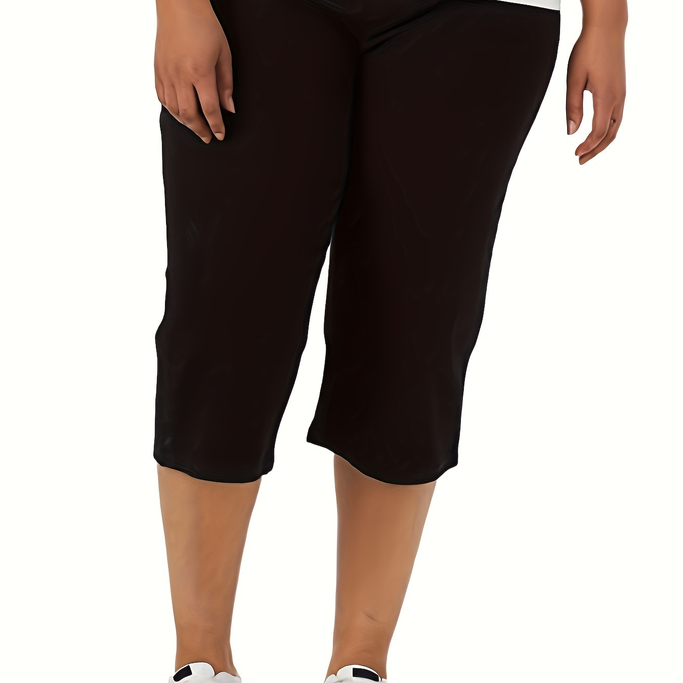 

Plus Size Solid Simple Capri Pants, Casual Elastic Waist Pants For Spring & Summer, Women's Plus Size Clothing