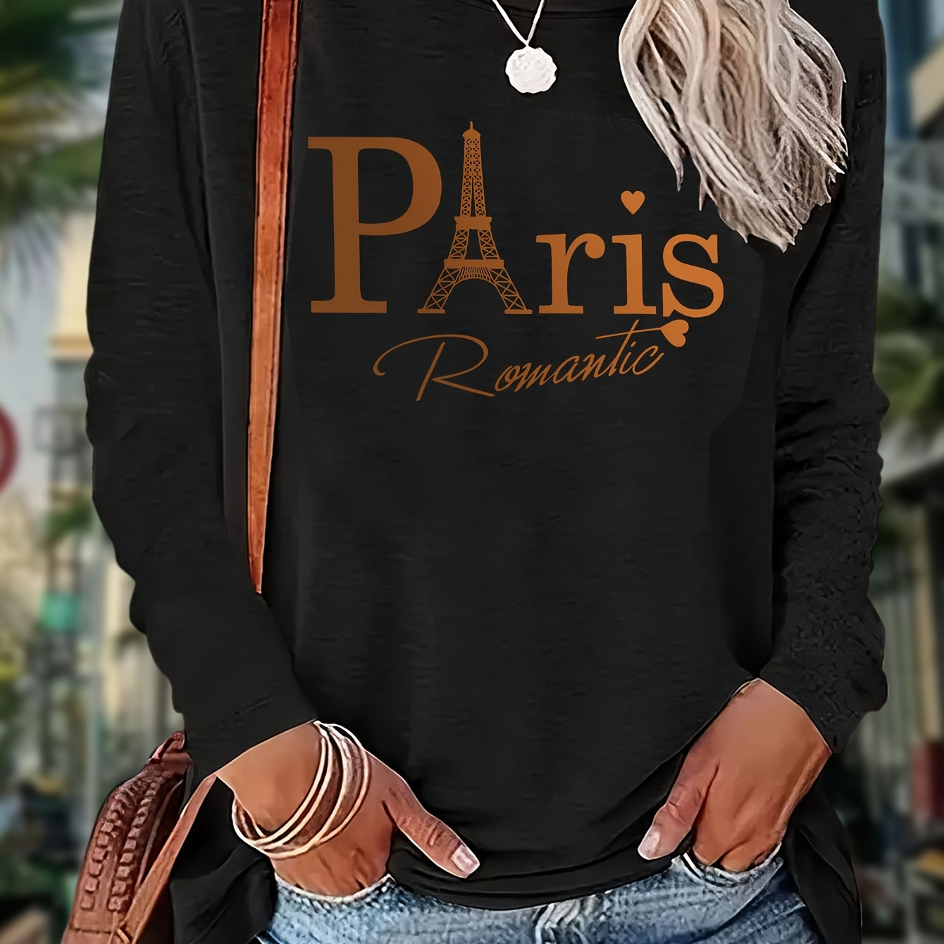 

Paris Print T-shirt, Long Sleeve Crew Neck Casual Top For Spring & Fall, Women's Clothing