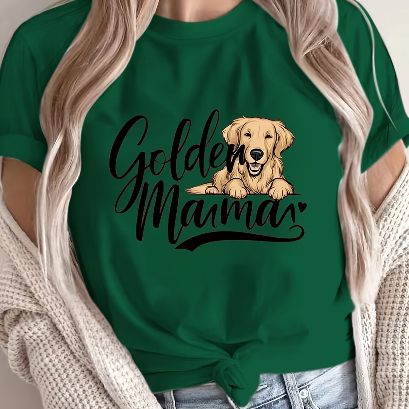 

T-shirt à col rond imprimé lettre et Golden Retriever, haut décontracté à manches courtes