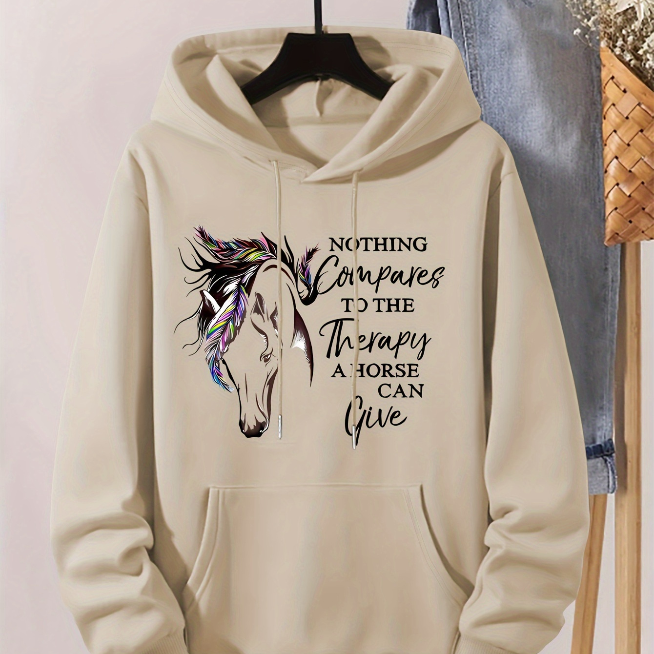 

Plus Size Horse Print Drawstring Hoodie, Casual Long Sleeve Fleece Sweatshirt For Fall & Winter, Women's Plus Size Clothing