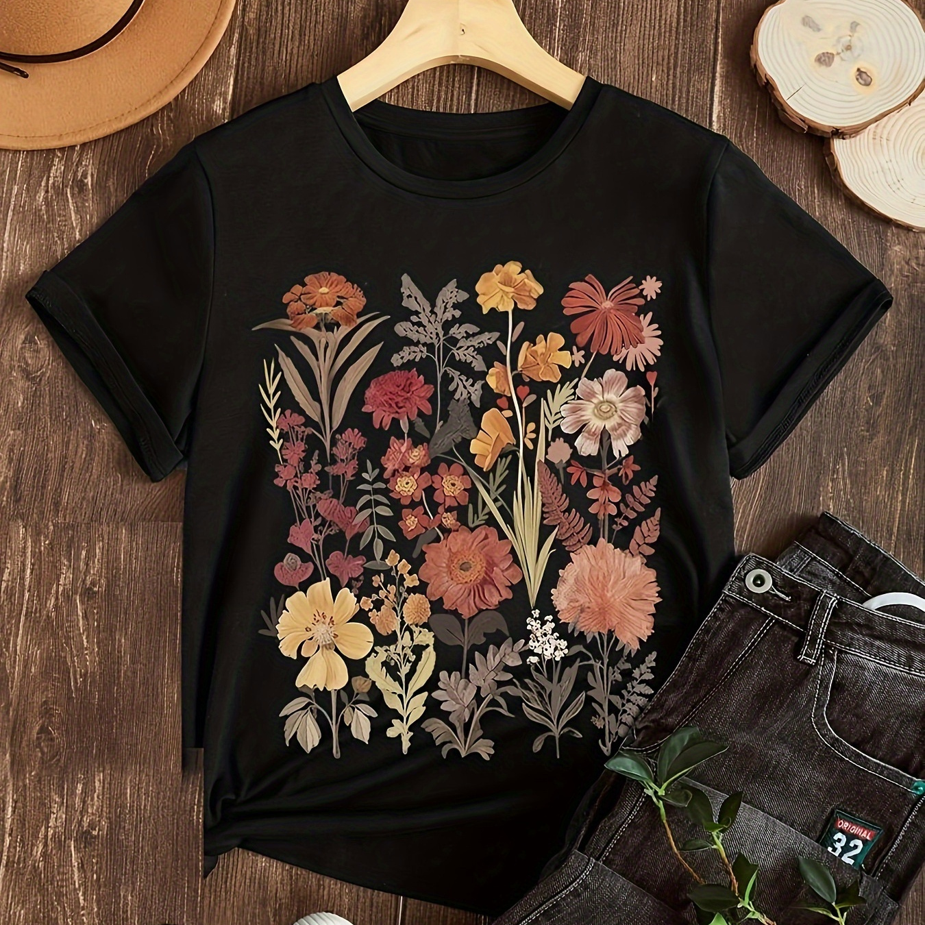 

Floral Print T-shirt, Short Sleeve Crew Neck Casual Top For Summer & Spring, Women's Clothing