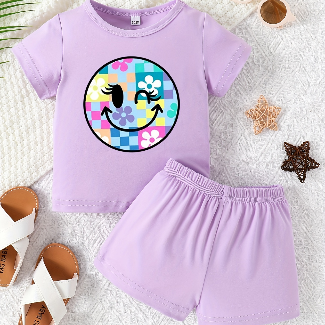 

Baby's Colorful Happy Face Print 2pcs Casual Summer Outfit, T-shirt & Shorts Set, Toddler & Infant Girl's Clothes For Daily/holiday/party