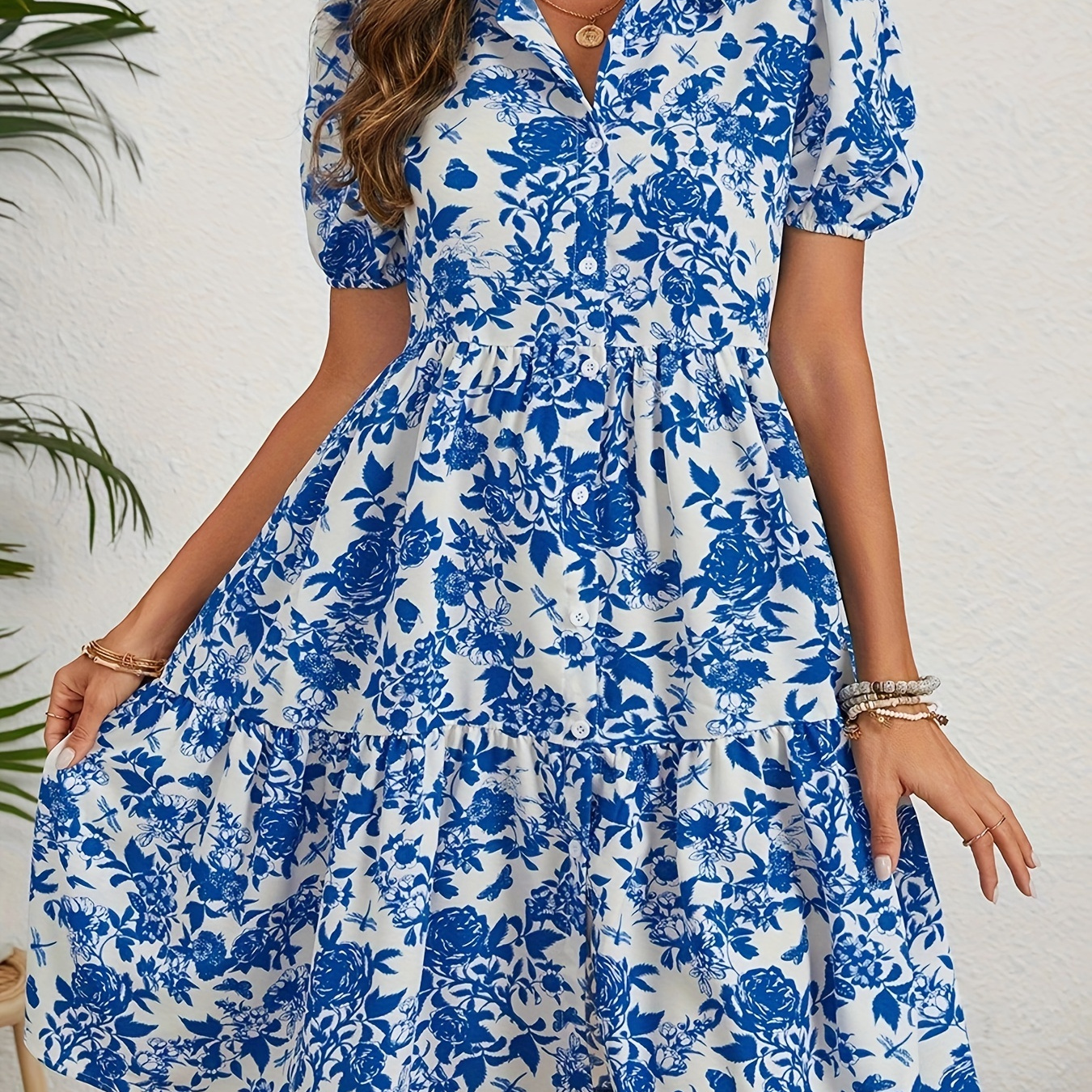 

Robe à motif floral à boutonnage simple, élégante robe à col et manches courtes pour le printemps et l'été, vêtements pour femmes