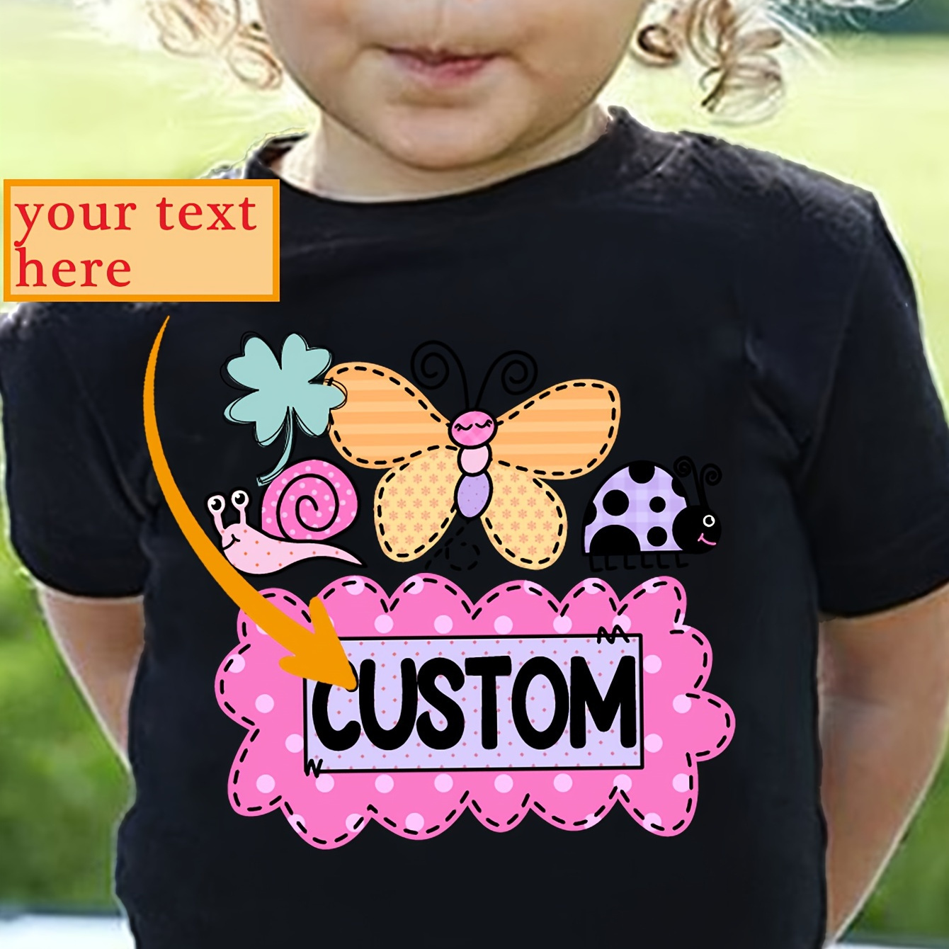 

Girls' Custom Cartoon Snail & Butterfly Graphic Print Tee, Casual & Comfy Crew Neck Short Sleeve T-shirt For Spring & Summer, Girls' Personalized Clothes