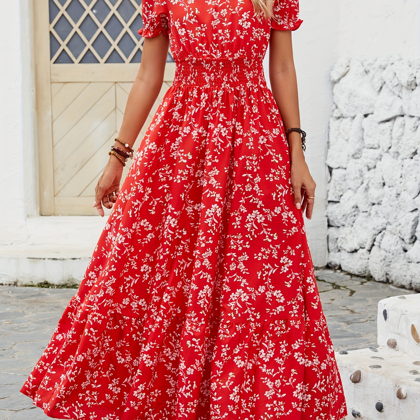 

Floral Print Shirred Waist A-line Dress, Elegant V Neck Short Sleeve Dress For Spring & Summer, Women's Clothing