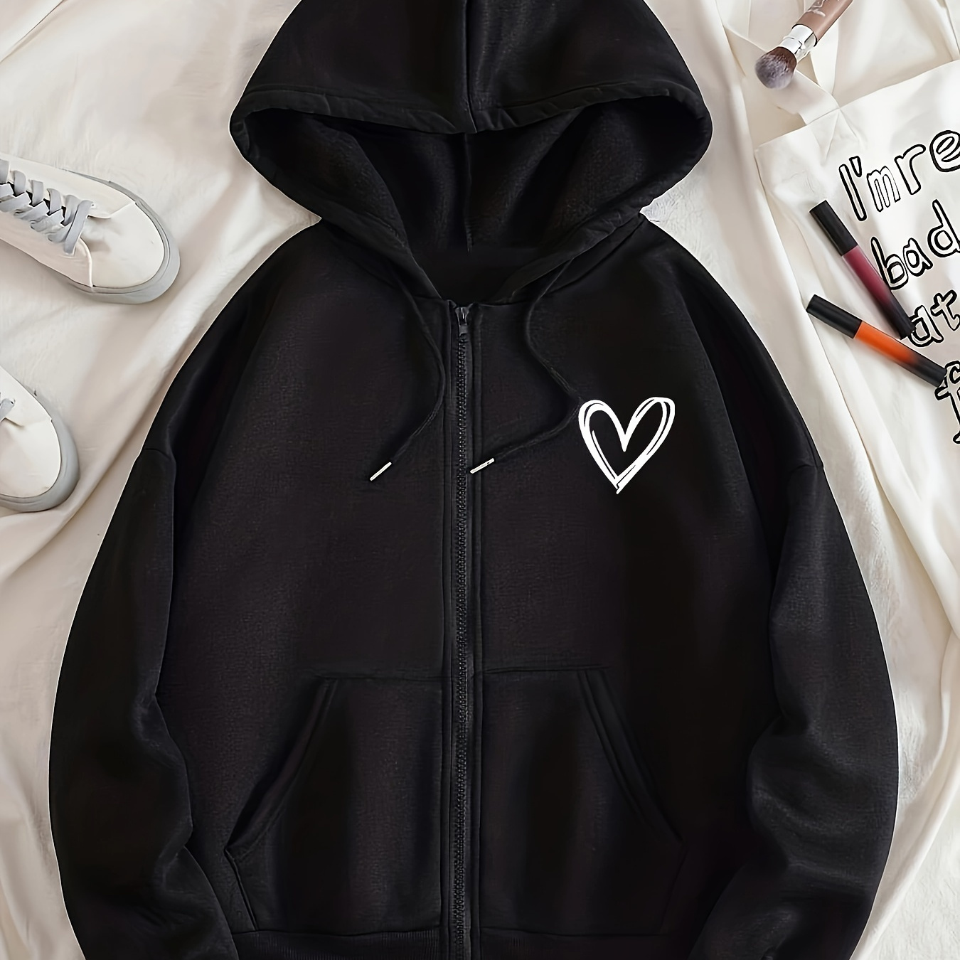 

Heart Print Zip-up Slant Pockets Hoodie, Casual Long Sleeve Drawstring Hoodie Sweatshirt, Women's Clothing