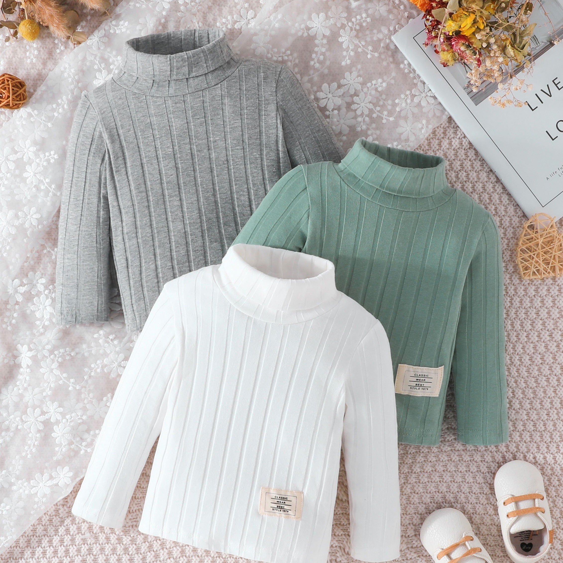 

Autumn And Winter Infant Girls Clothes Set, Pit Strip Solid Color Long-sleeved Turtleneck Three-color Knitwear Pullover Sweater 3pcs Set