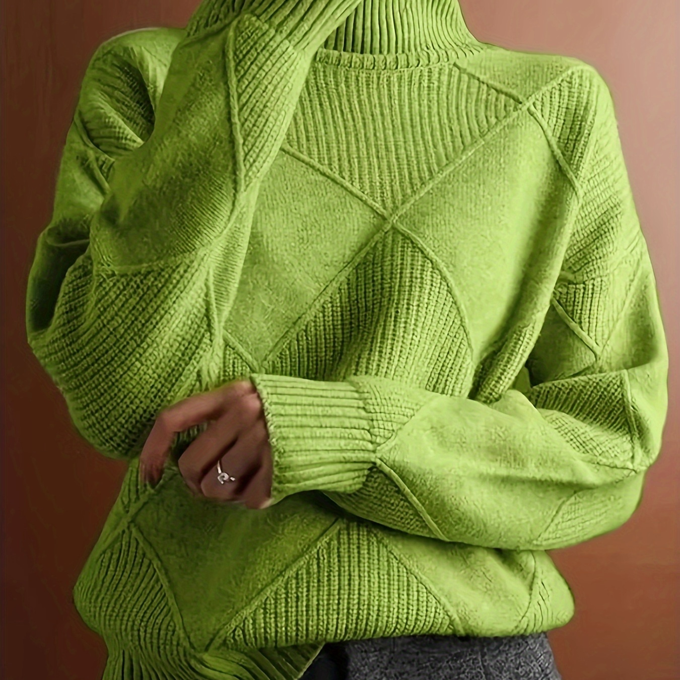 

Pull Col Roulé Vert Décontracté pour Femme - Pull en Acrylique Confortable avec Motif Diamant, Manches Longues pour la Chaleur Automne/Hiver, Chaud| Élégant| , Fil Épais