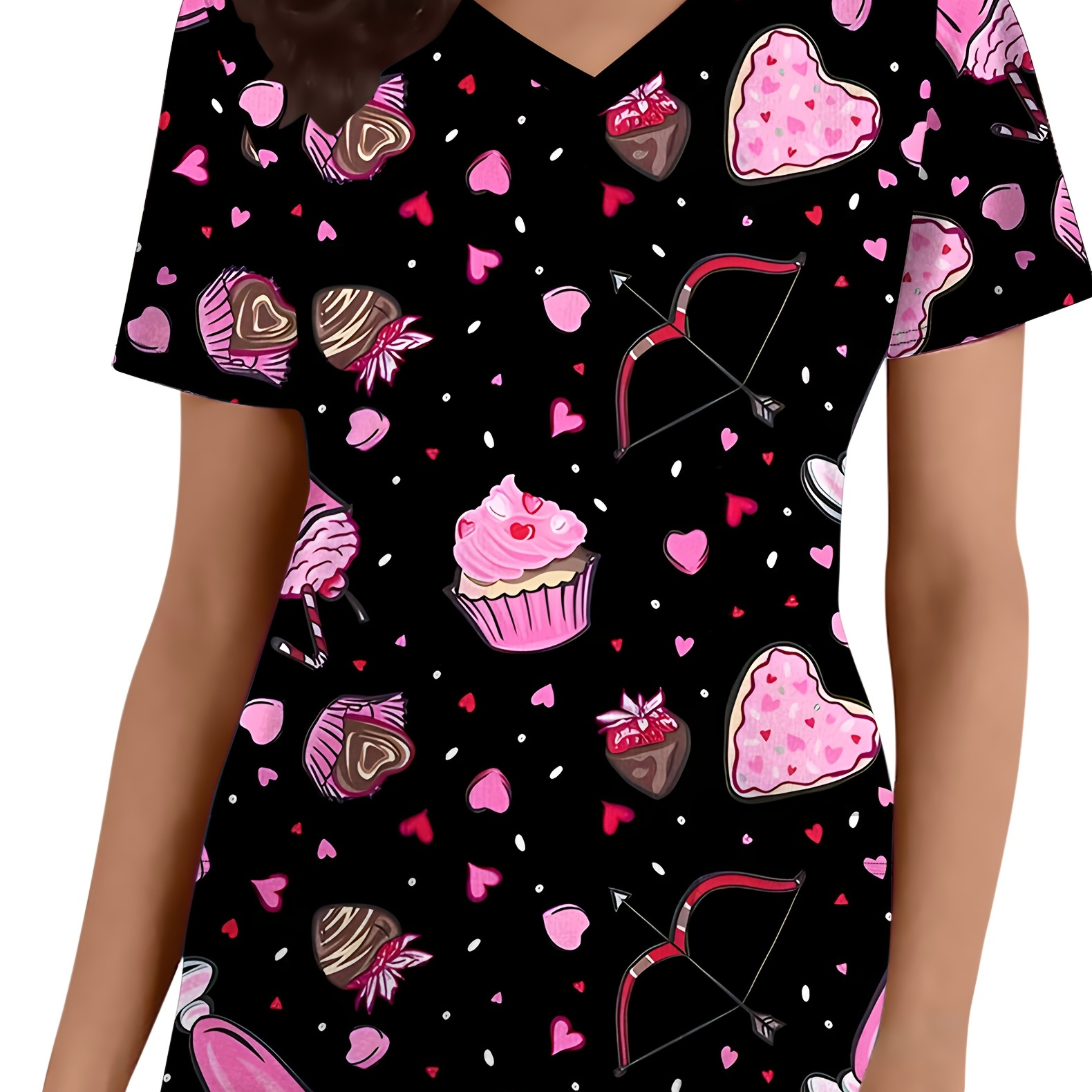 

Women's Ice Cream Heart Print Scrubs With Pockets, V-neck Nurse Uniform, Breathable , Cartoon Pattern Workwear For All .