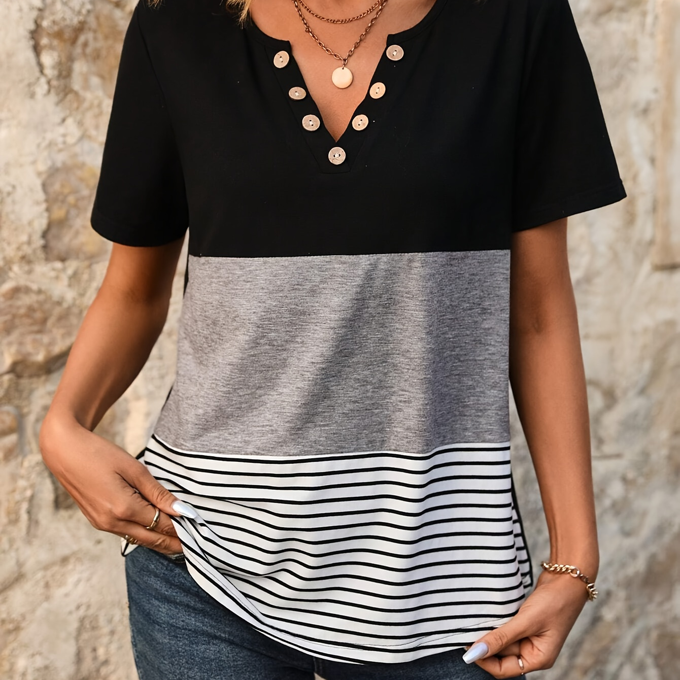 

Color Block Notched Neck T-shirt, Casual Button Decor Striped Print Short Sleeve Top For Spring & Summer, Women's Clothing