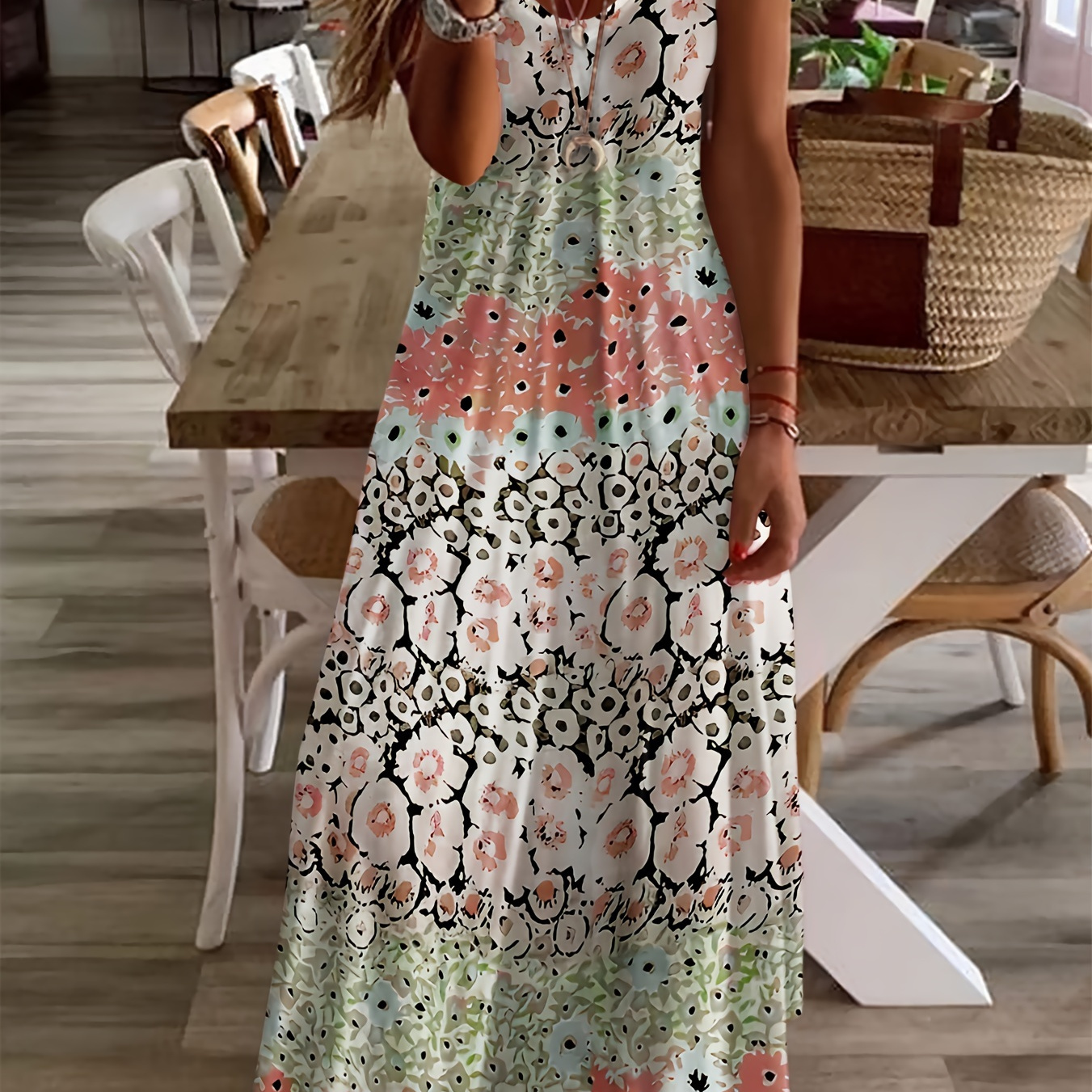 

Floral Print V-neck Dress, Vacation Style Short Sleeve Maxi Dress For Spring & Summer, Women's Clothing