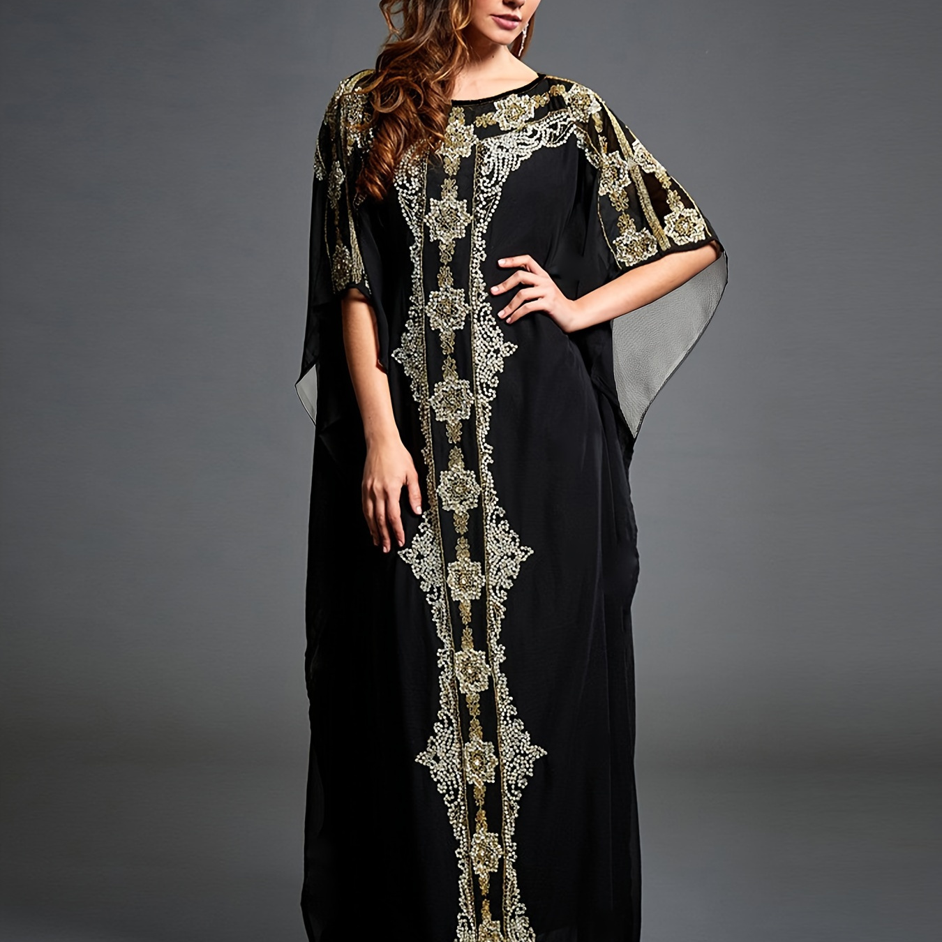 

Plus Size Rhinestone Print Maxi Dress, Elegant Batwing Sleeve Crew Neck Dress, Women's Plus Size clothing