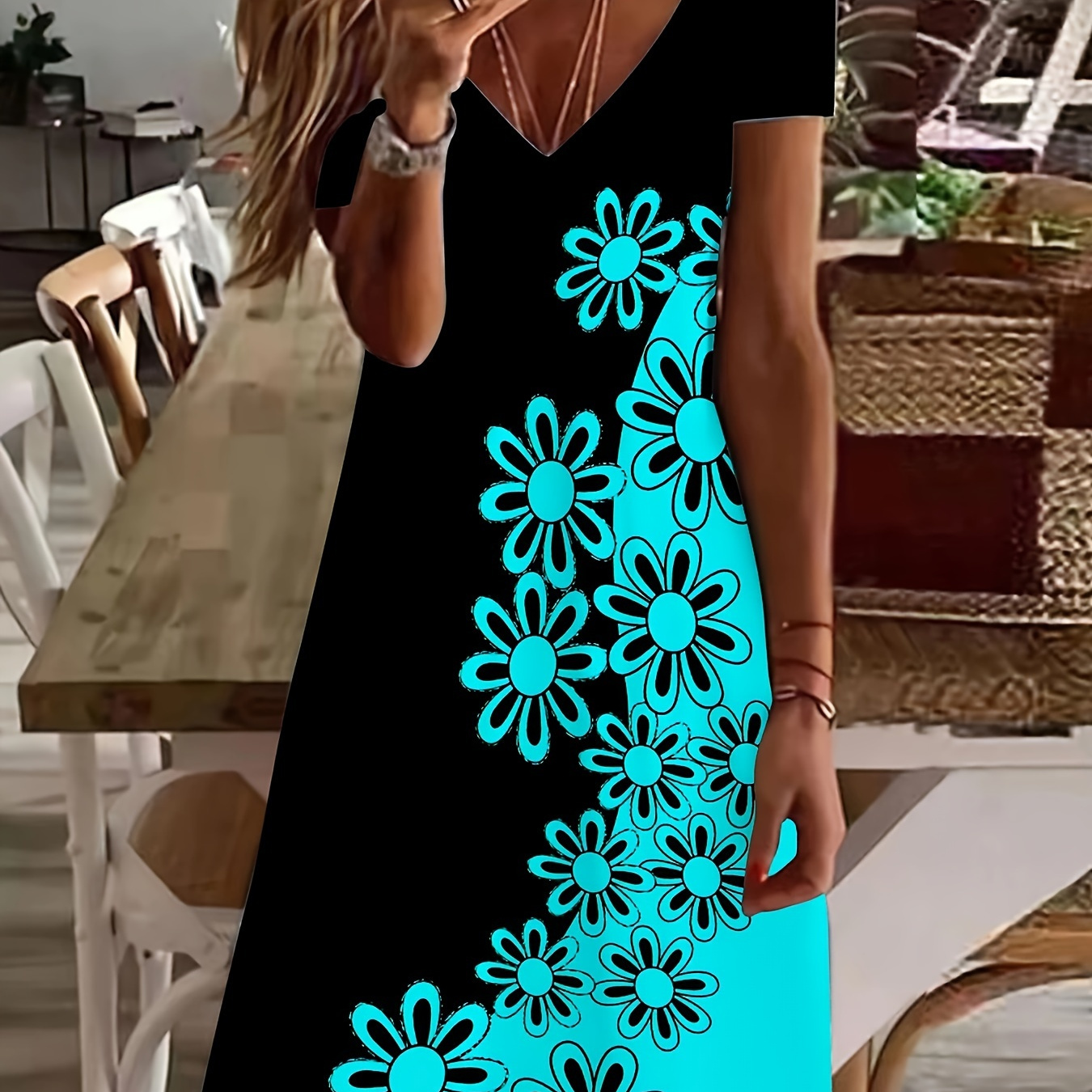 

Floral Print V-neck Dress, Casual Short Sleeve Color Block Dress, Women's Clothing