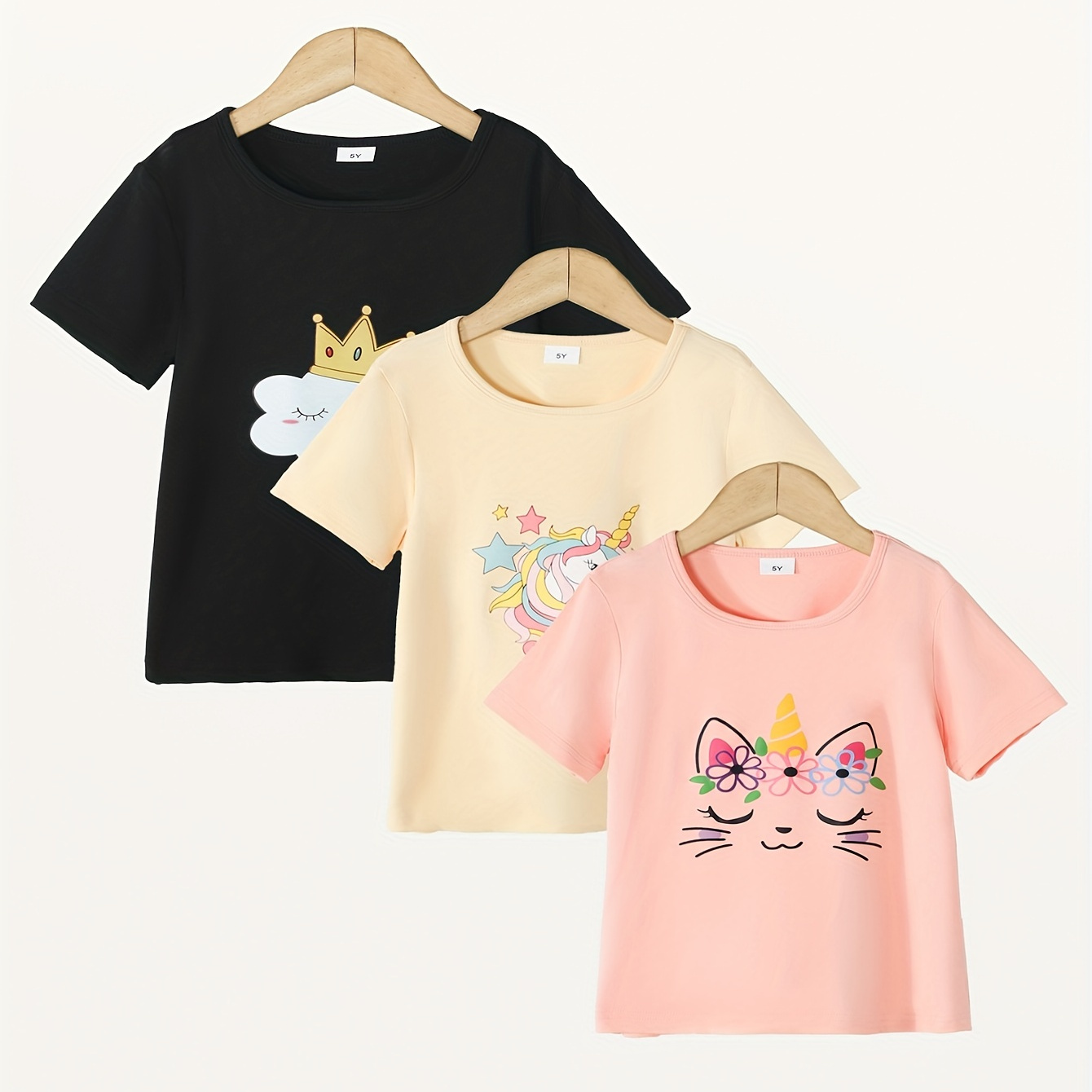 

3pcs Girls Unicorn Kitten Cute T-shirt Candy Color Kids Short Sleeve Summer Top Clothes