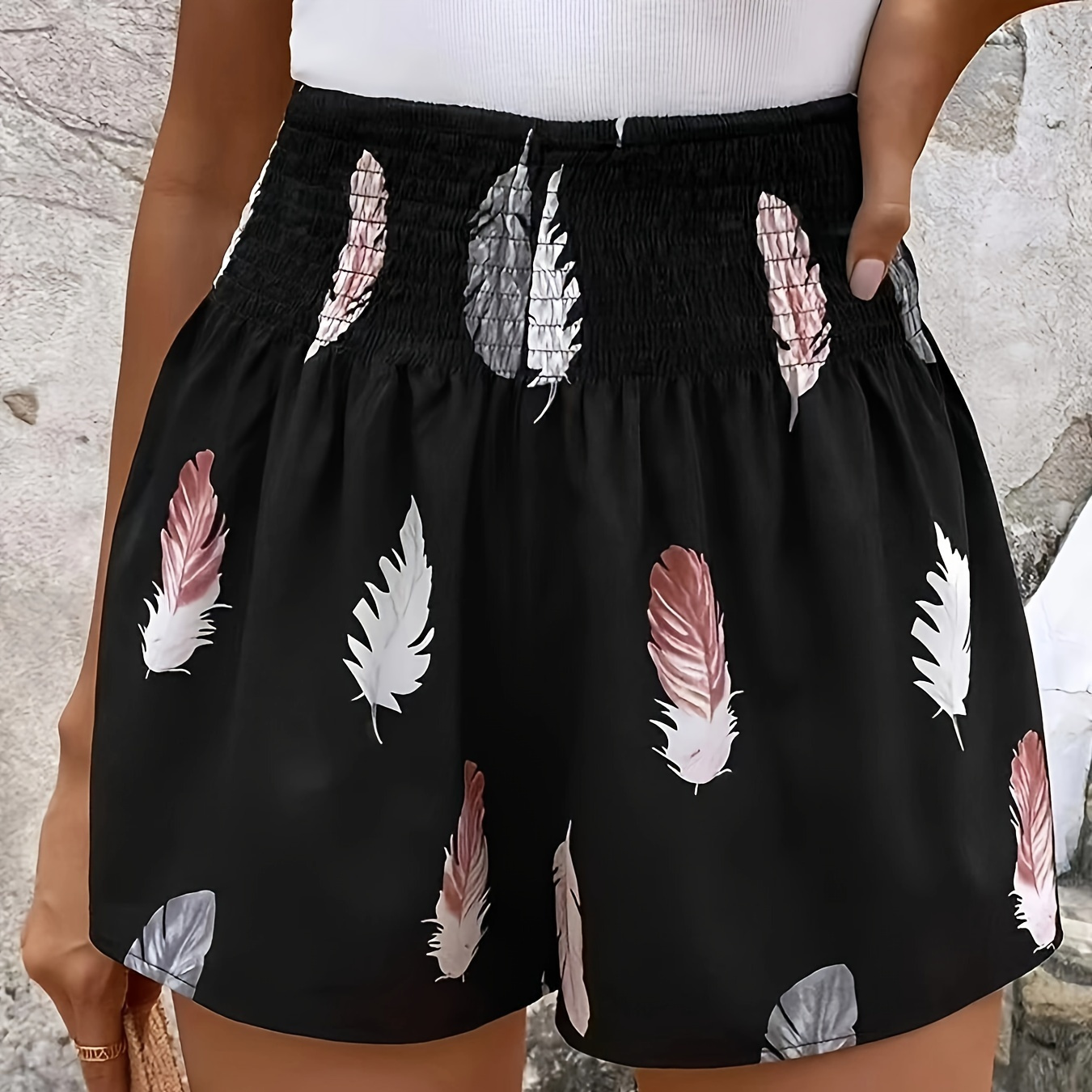 

Feather Print High Waist Loose Shorts, Casual Elastic Waist Shirred Shorts For Spring & Summer, Women's Clothing