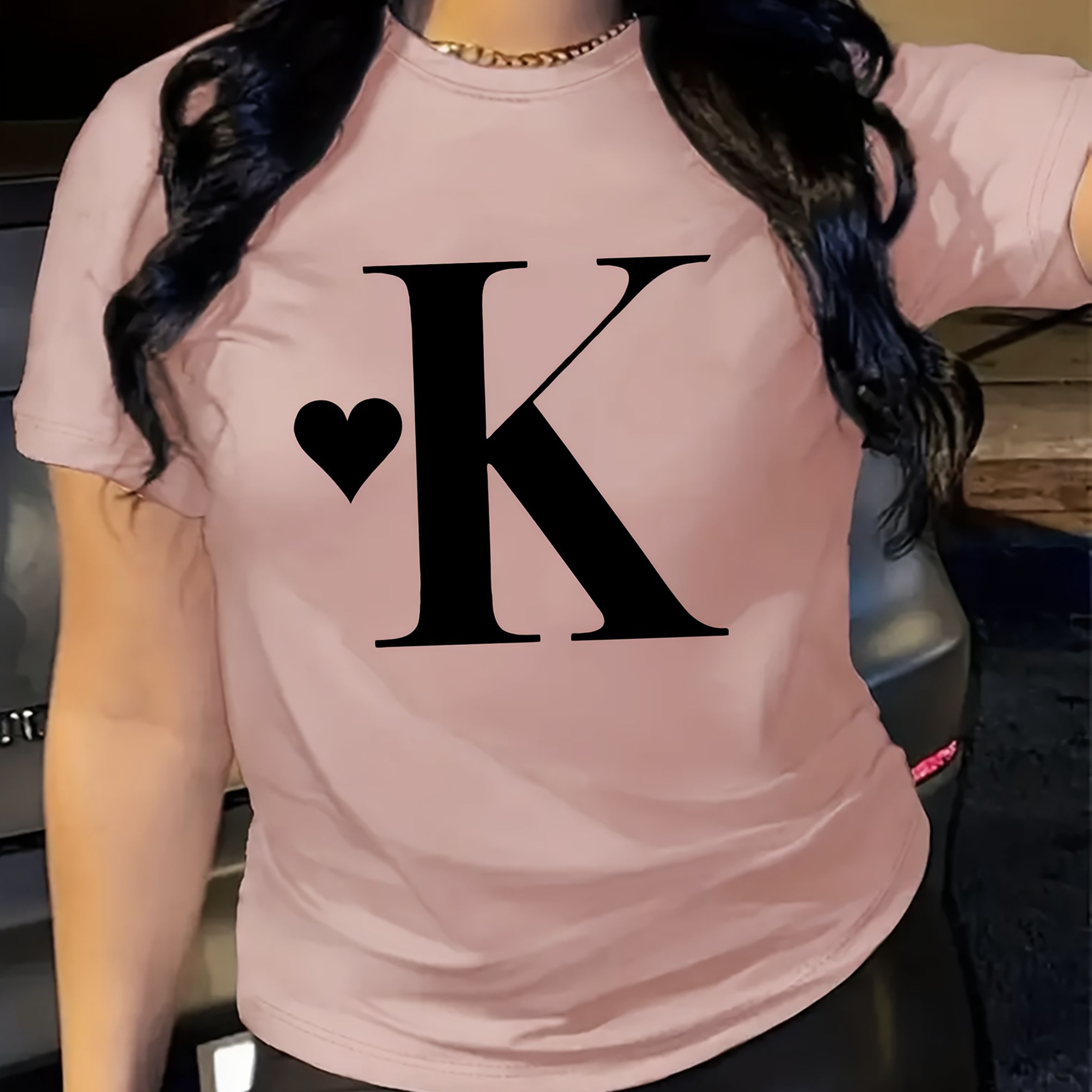 

Women's Short-sleeve Round-neck T-shirt With K Letter Print For Spring And Summer