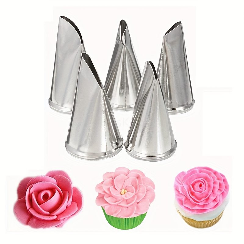 

5pcs Stainless Steel Rose Petal Icing Piping Nozzles For Diy Cake Decoration And Pastry Cookies - Ideal Pastry Diy Tools Kit