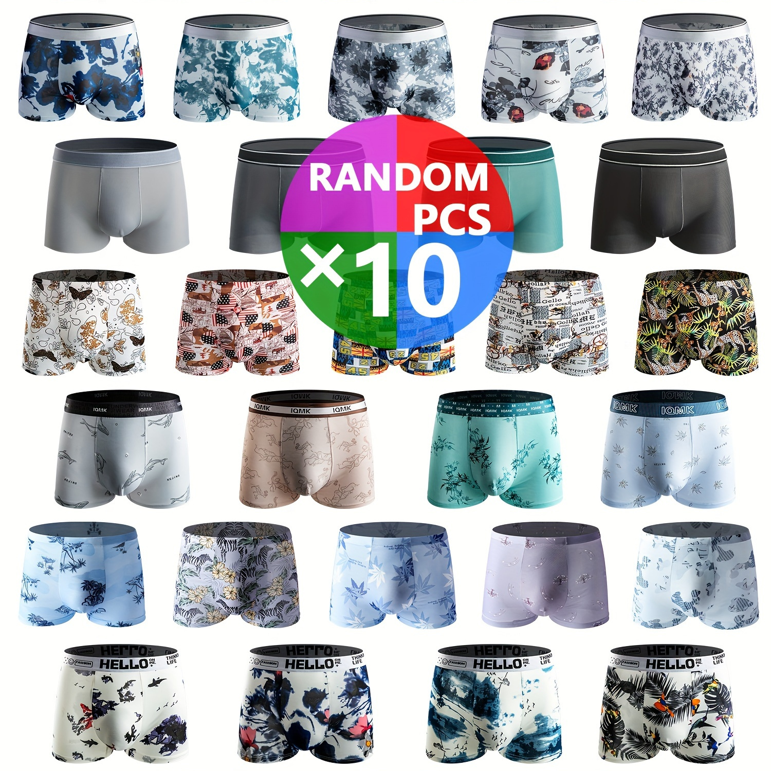 

Random 10pcs Men's Ice Silk Boxer Briefs, Fashion Pattern Print Breathable Comfy Boxer Trunks, Elastic Sports Shorts, Men's Casual Underwear Daily Bottom Wear