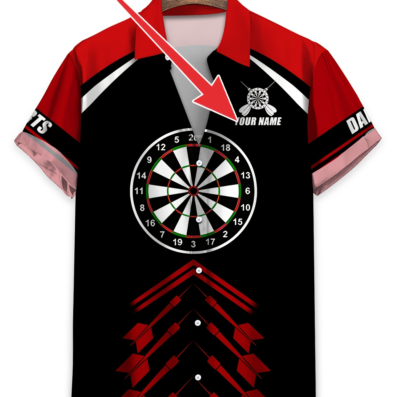 

Personalized Darts Shirt For Men - Custom Name "" & Design, Black/red/ Scheme, Summer Casual Wear, Short Sleeve, Polyester Fabric, Machine Washable, Darts Apparel | Graphic Shirt | Smooth Fabric