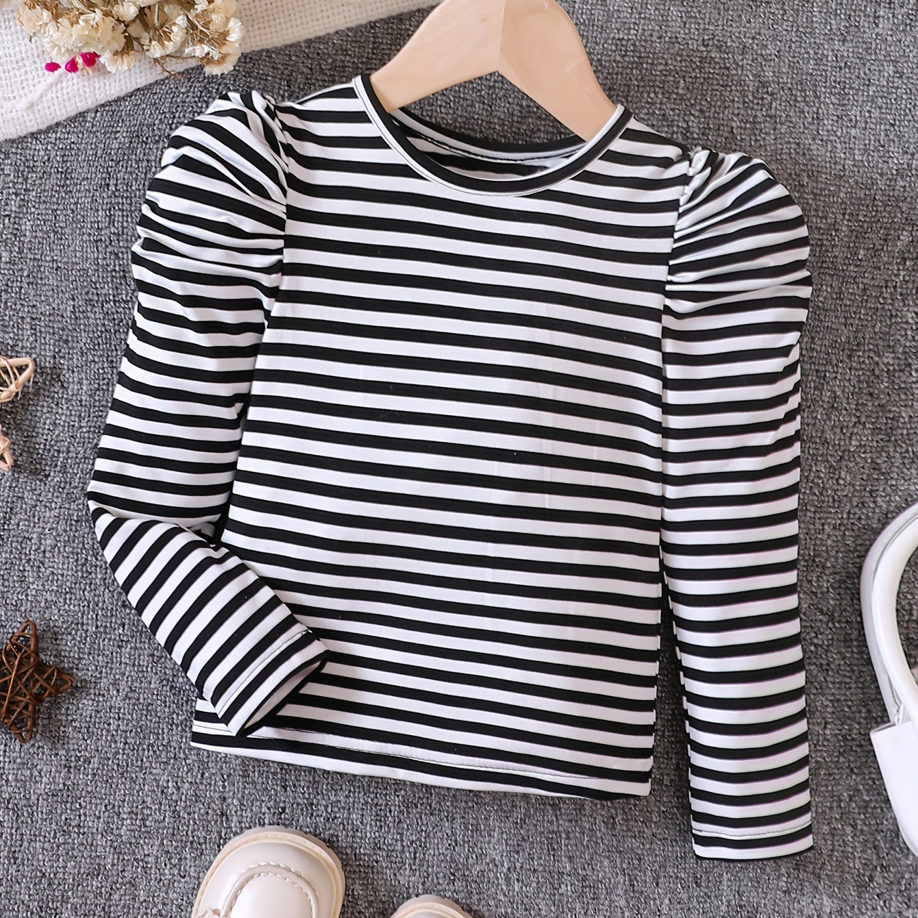 

Stripe Pullovers For Toddler Kids Girls, Puff Sleeve Striped Knit Bottoming Shirt For Fall Winter