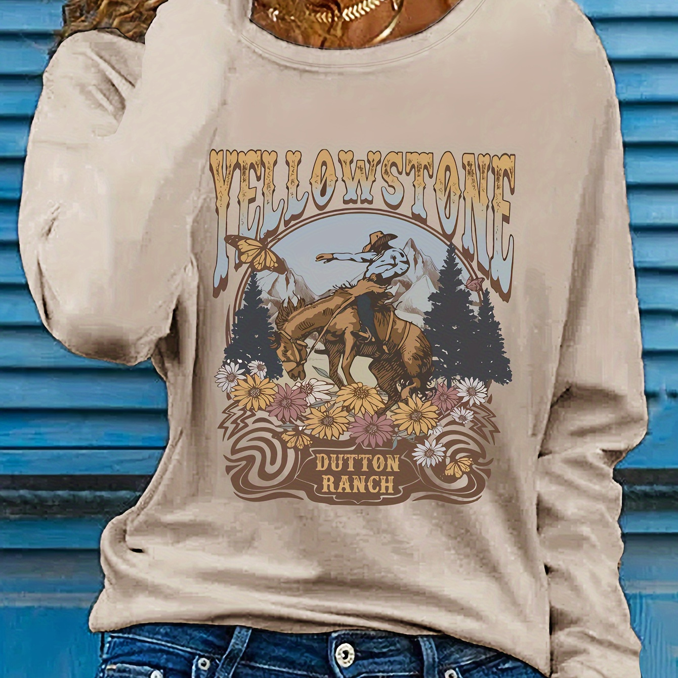 

Women's Yellowstone Graphic Long Sleeve Tee - 100% Polyester Casual Crew Neck Shirt With Applique Landscape Pattern - Fall Season Knit Fabric Top