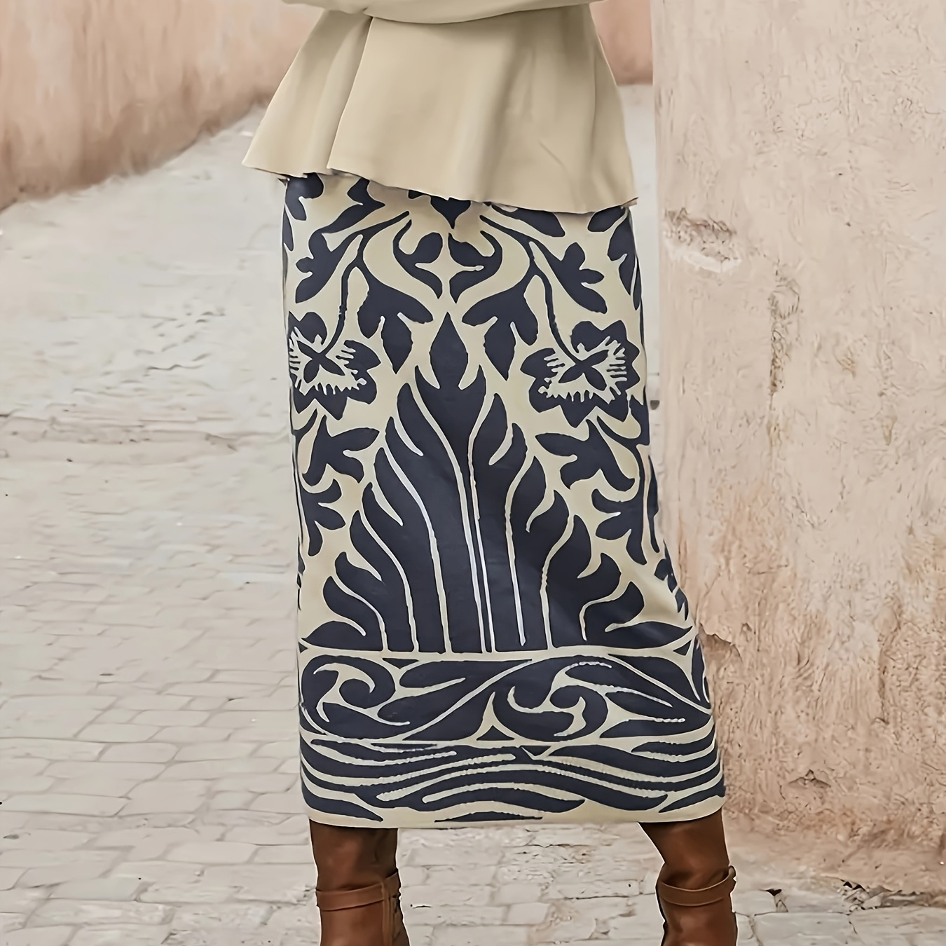 

1pc Elegant Polyester Knit Fabric Midi Skirt, Tribal Pattern, High-waist Straight Fit, Loose Fit Skirt With No Belt Option