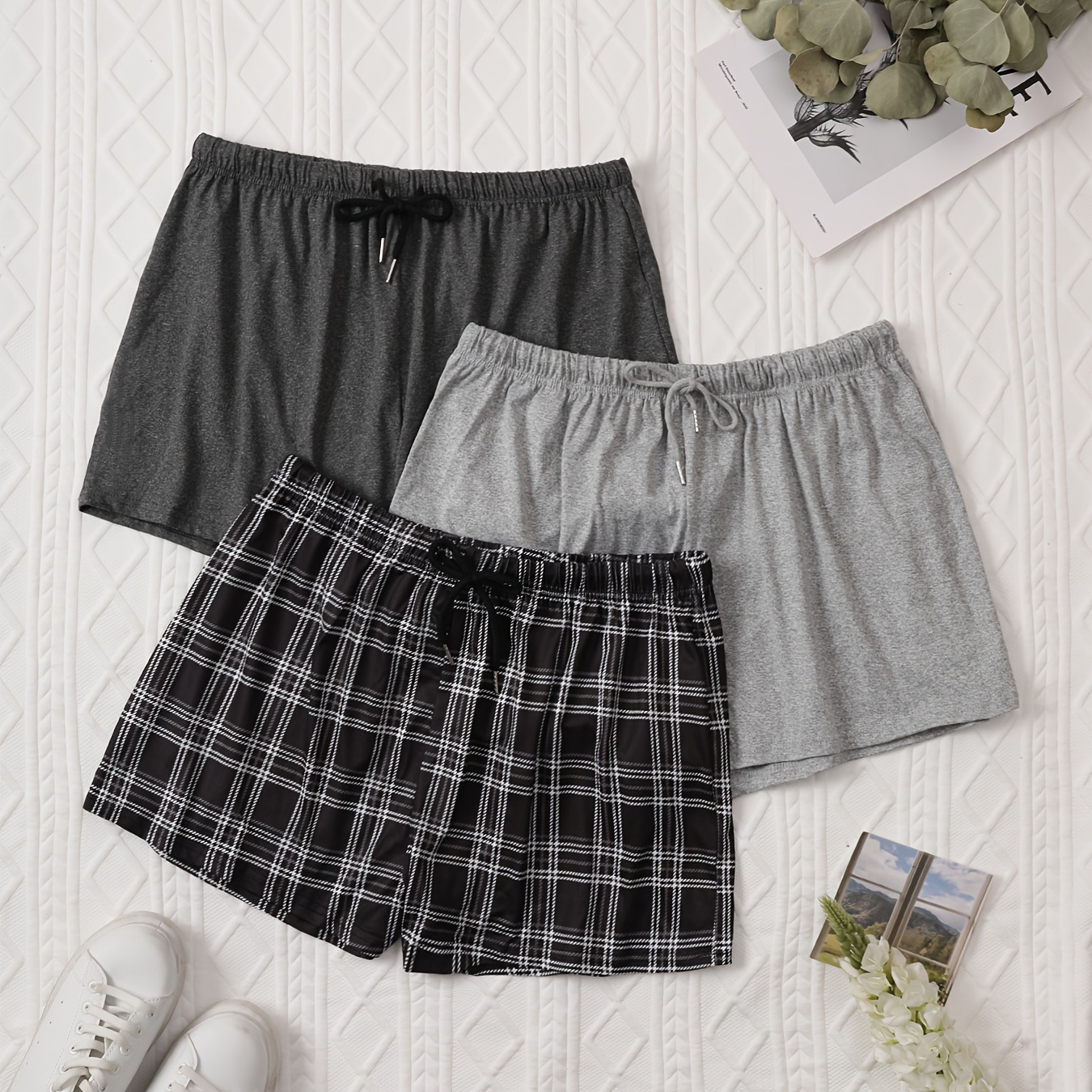

3pcs Women's Plus Shorts, Plus Size Solid & Print Drawstring Waist Shorts