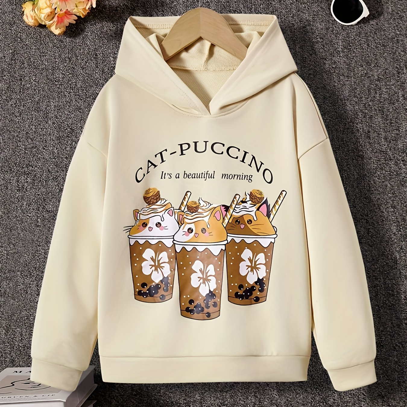 

Girls Cartoon Cat Puccino Graphic Casual Hoodie Sweatshirt Tops, Kids Teens Pullovers For Spring/ Fall, Gift Idea