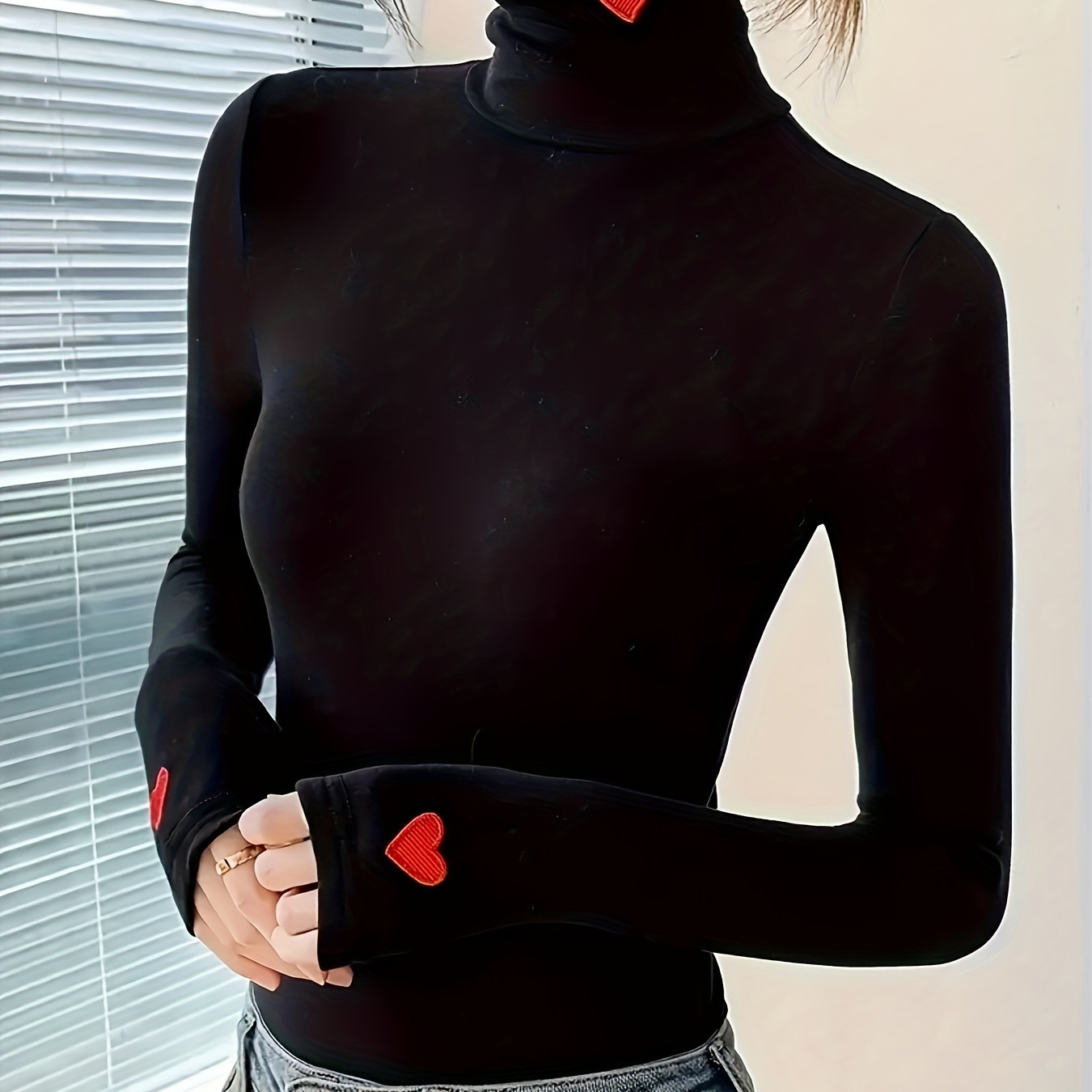 

Women' Black Turtleneck T-shirt Embroidery, Slim Fit, Stretchy, Spring/autumn, Machine Washable, Polyester Knit Fabric