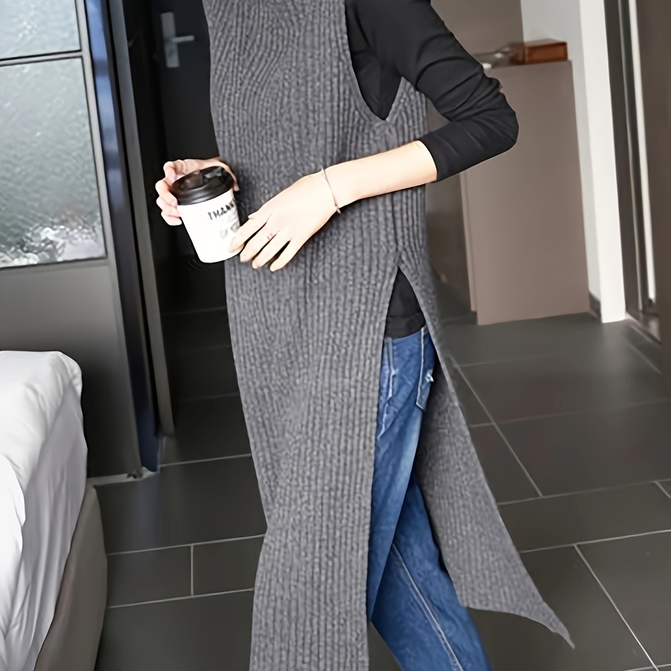 

Fengqiaoman Chic High Neck Tunic Sweater Dress - Solid Color Polyester Viscose Knit With Split Thigh Detail For Fall/winter - Loose Fit Stylish Ribbed Sleeveless Vest With Side Slit