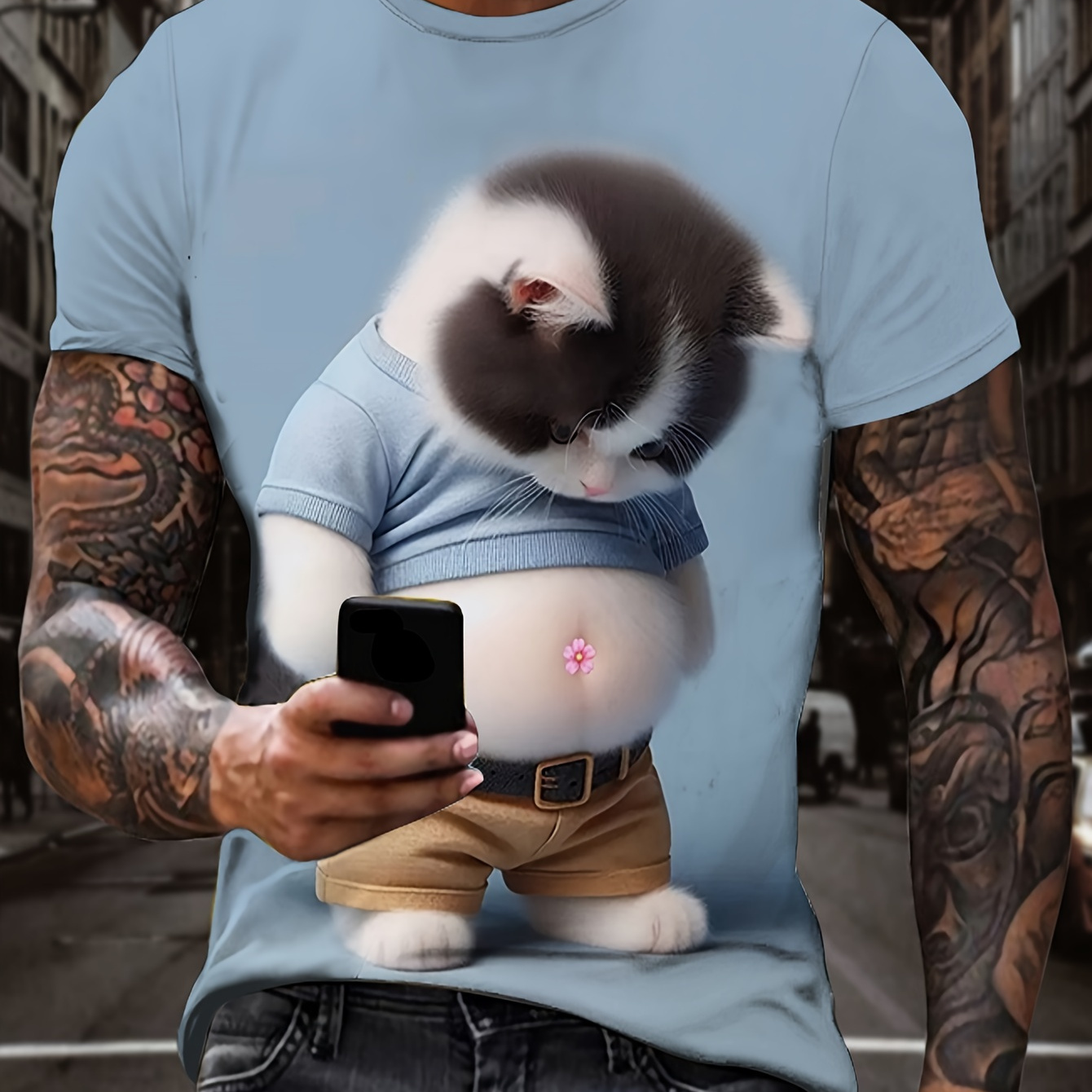 

T-Shirt Homme avec Chat Potelé 3D - Bleu , Streetwear Hip-Hop Rock Décontracté, Mélange de Polyester et Spandex, Manches Courtes, Col Rond, Tee-Shirt d'Été