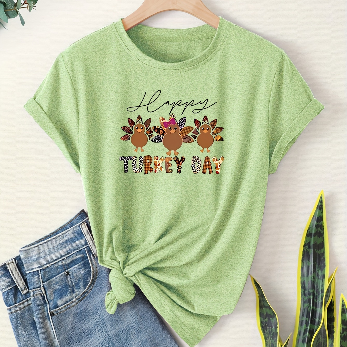 

Women's Thanksgiving Graphic T-shirt - 'happy Turkey Day' Print, Vintage Style, Crew Neck, Short Sleeve Top For Spring/summer/fall