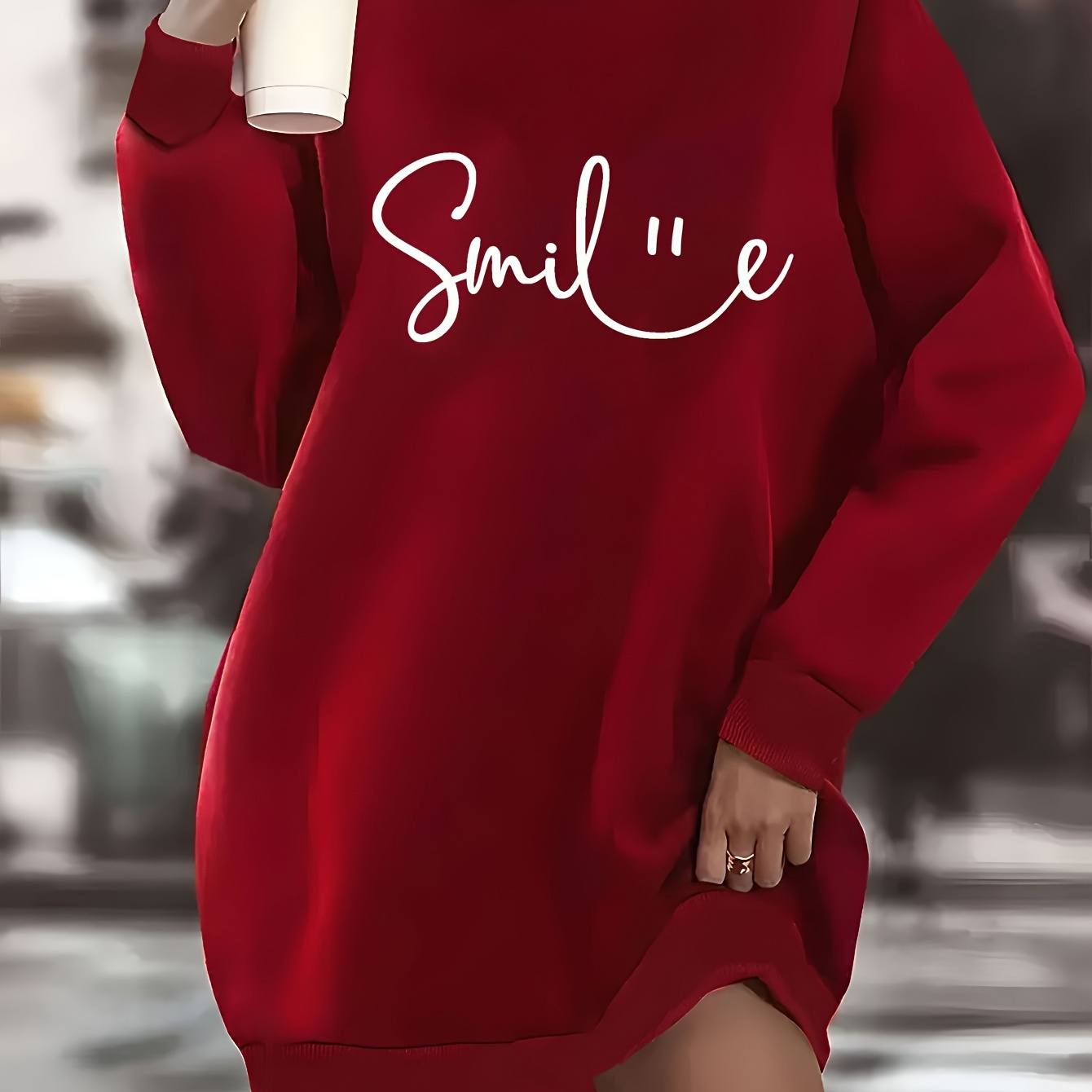 

Plus Size Casual Sweatshirt Dress - Crew Neck Long Sleeve Knit Polyester Cartoon Print Dress With Stretch For Fall/winter - Women' Pullover Dress