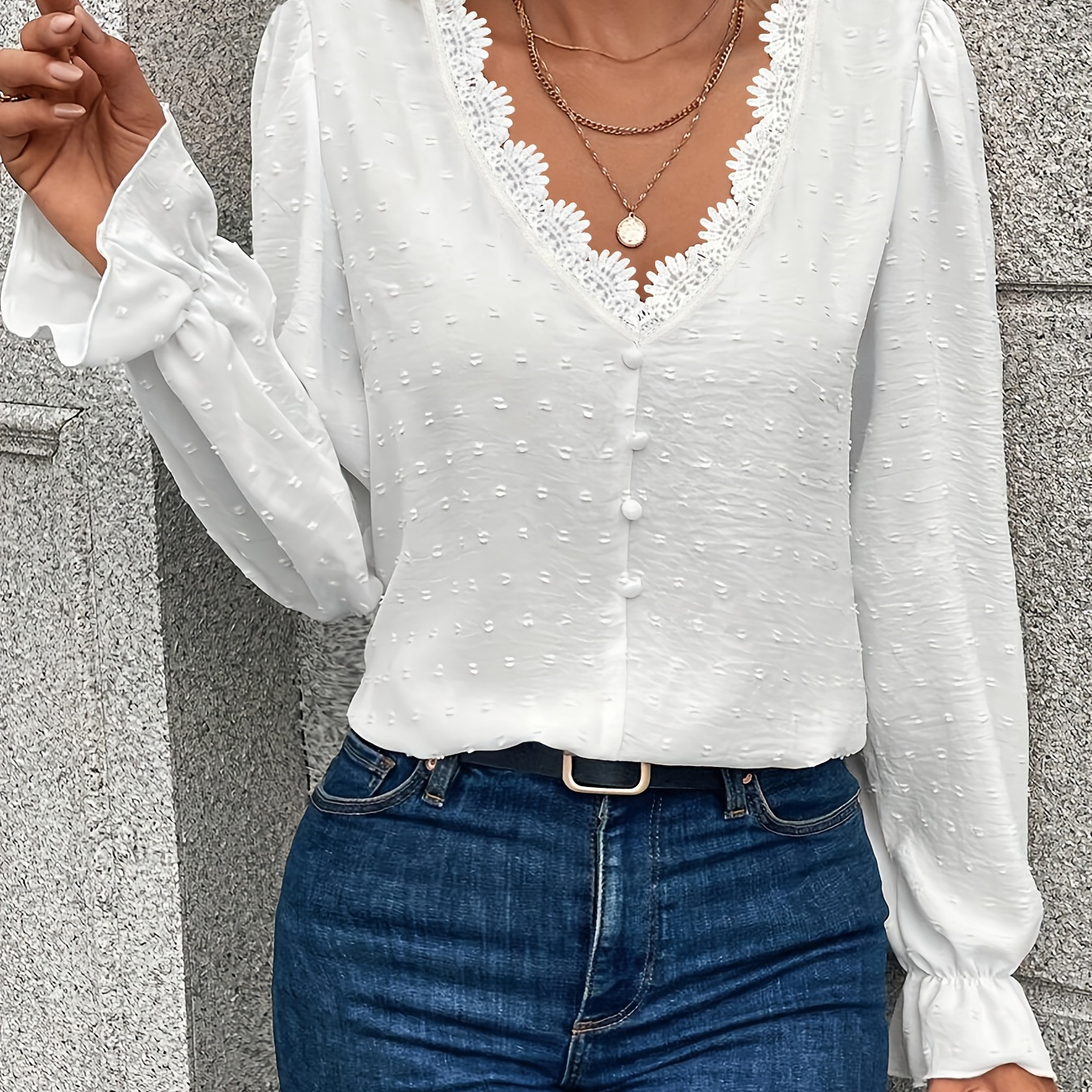 

Contrast Lace Button Front Swiss Dot T-shirt, Chic V Neck Long Sleeve Top For Spring & Fall, Women's Clothing