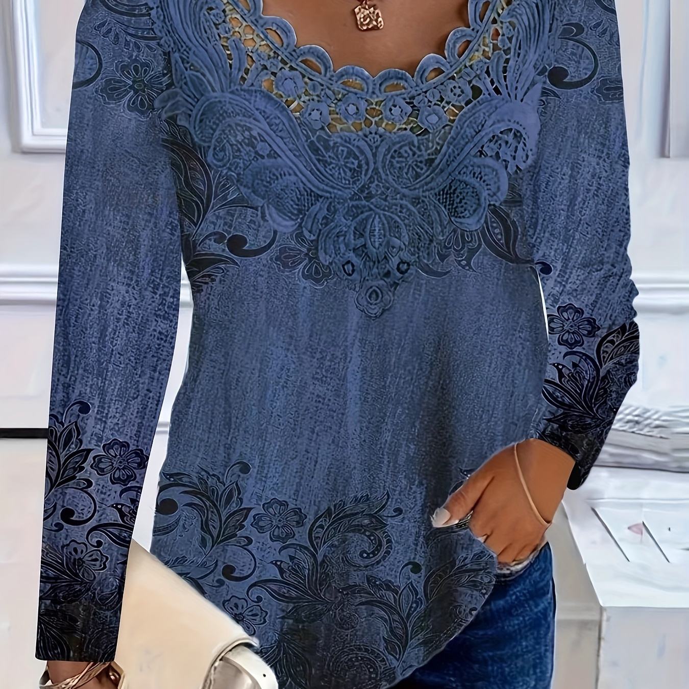 

Contrast Lace V Neck T-shirt, Casual Long Sleeve T-shirt For Spring & Fall, Women's Clothing