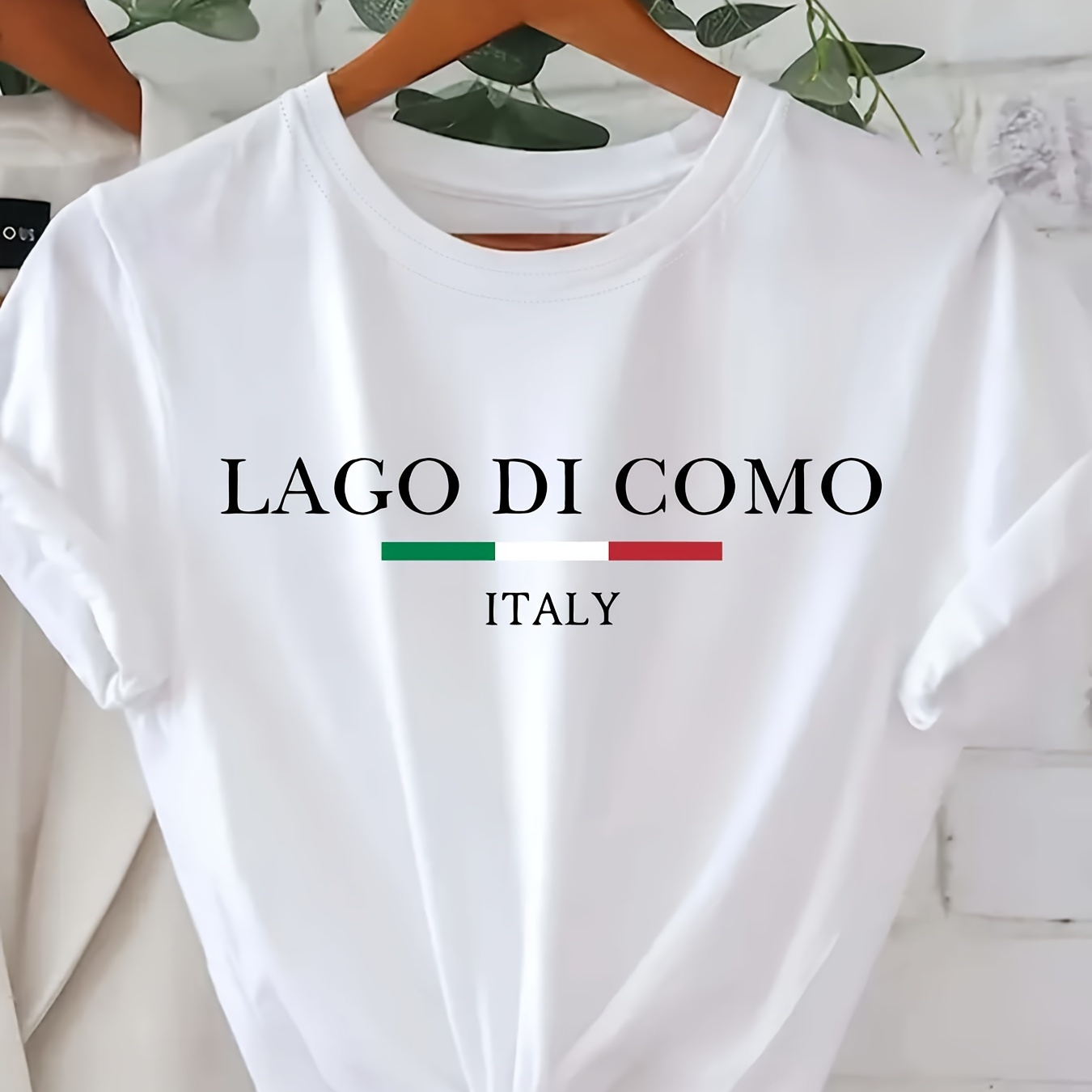 

Italy Letter Print T-shirt, Short Sleeve Crew Neck Casual Top For Summer & Spring, Women's Clothing