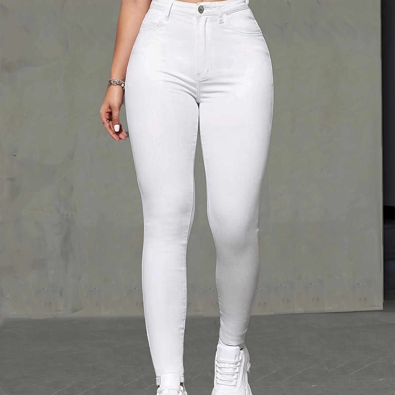 

Women's Elegant Plain White Stretchy Skinny Fit Skinny Jeans, Casual Denim Pants For Daily Wear