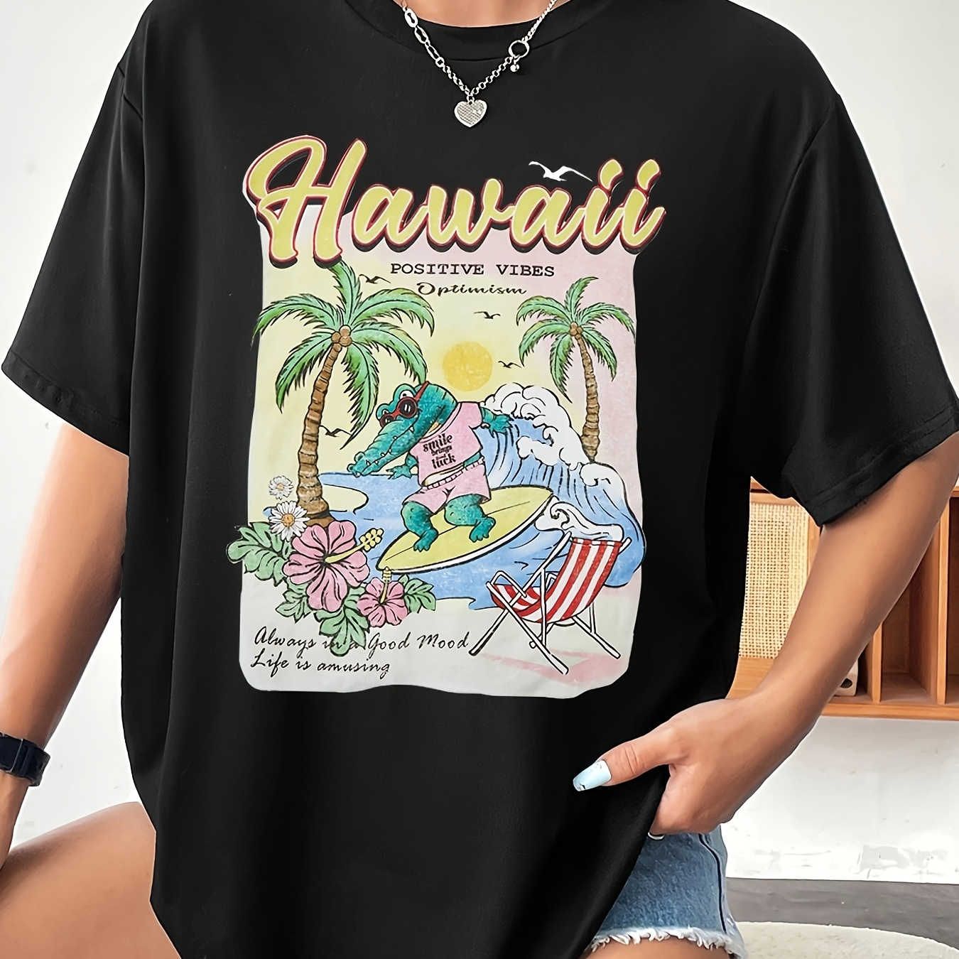 

Graphic Print Drop Shoulder T-shirt, Short Sleeve Crew Neck Casual Top For Spring & Summer, Women's Clothing