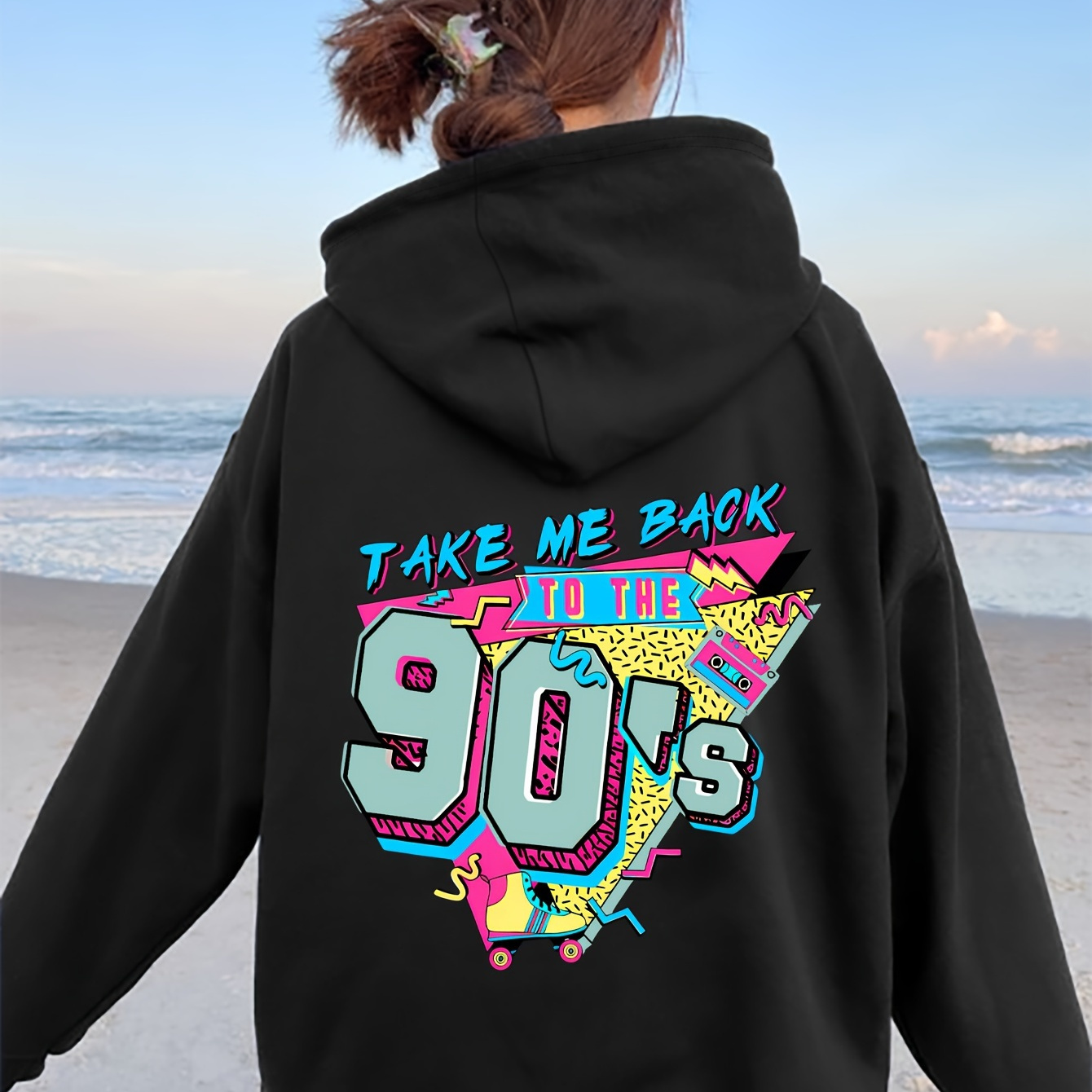 

Take Me Back 90's Print Hoodie, Casual Long Sleeve Kangaroo Pocket Hoodie Sweatshirt, Women's Clothing