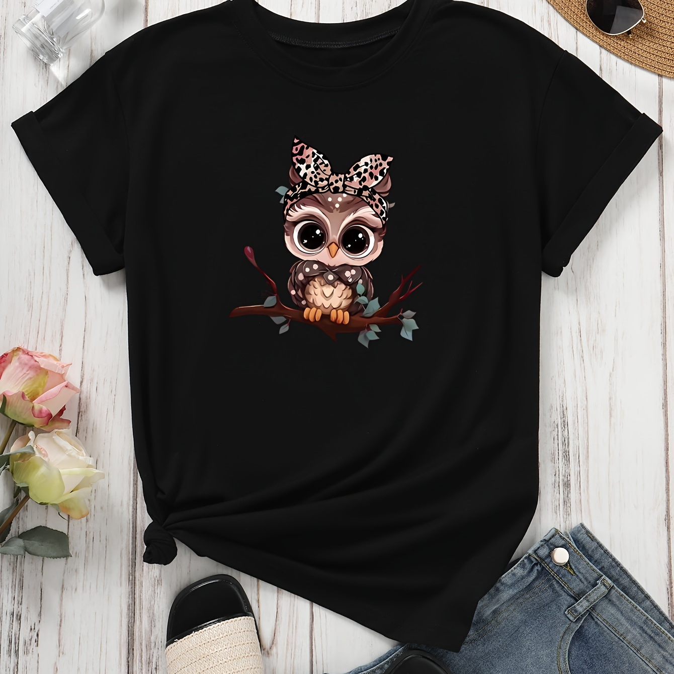 

Cute Owl Pattern Printed Round Neck T-shirt, Cute Short Sleeved Top For Spring, Summer, And Autumn, Fashionable Ladies