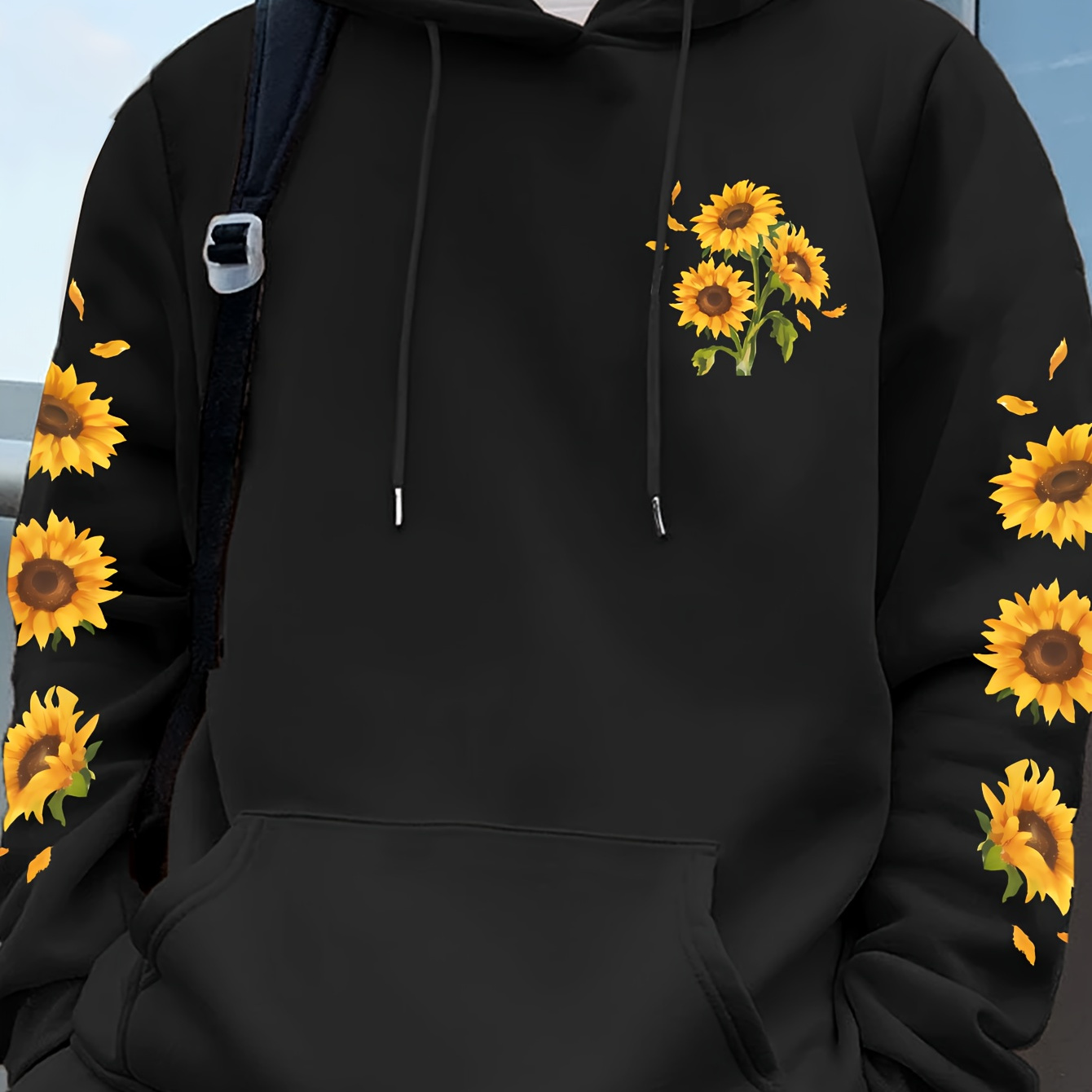 

Sunflower Print Men's Pullover Round Neck Hoodies With Kangaroo Pocket Long Sleeve Hooded Sweatshirt Loose Casual Top For Autumn Winter Men's Clothing As Gifts