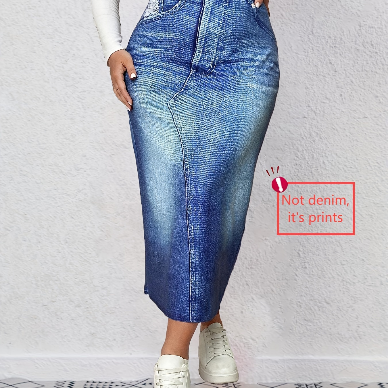 

Plus Size Stretchy Denim-inspired Midi Skirt With Pockets - Casual, High-waisted, Bodycon Fit, Machine Washable, Gradient Print For All