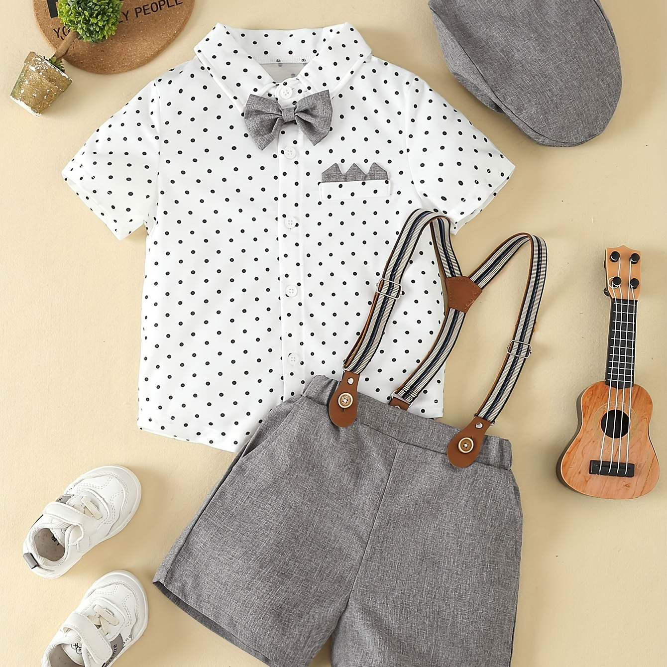 

3pcs Boys Short-sleeve Gentleman Outfit, Dot Pattern Bowtie Short-sleeve Shirt & Suspender Shorts & Hat, Kid's Clothes For Summer Party