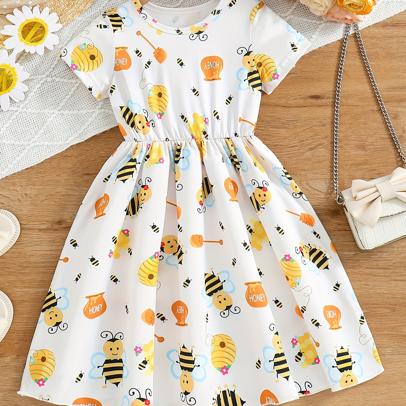 

Girls Cute Bees Graphic Short Sleeve Dress Holiday Summer Casual A-line Dresses
