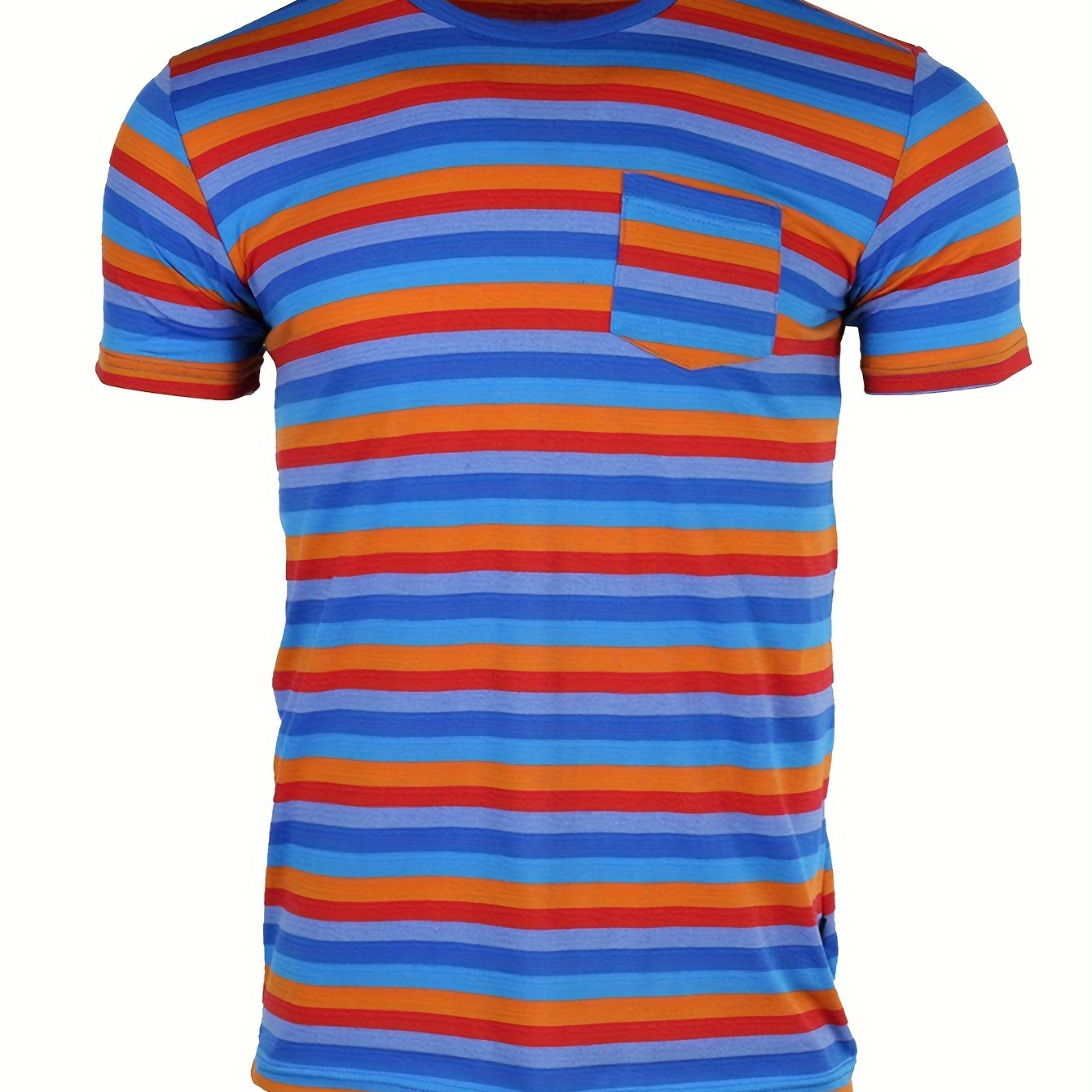 

Basic, Breathable, Multi-colored Striped T-shirt With Chest Pocket For Everyday Wear Or Casual Vacation