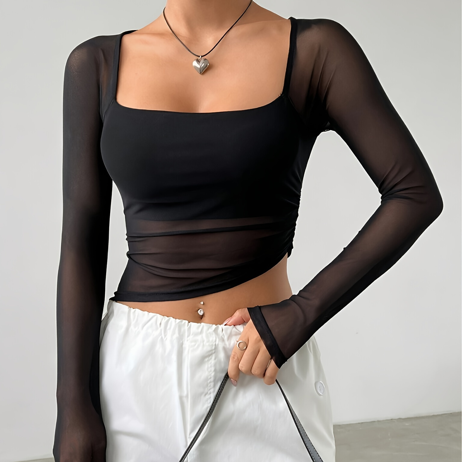 

Mesh Square Neck Slim T-shirt, Elegant Long Sleeve T-shirt For Spring & Summer, Women's Clothing